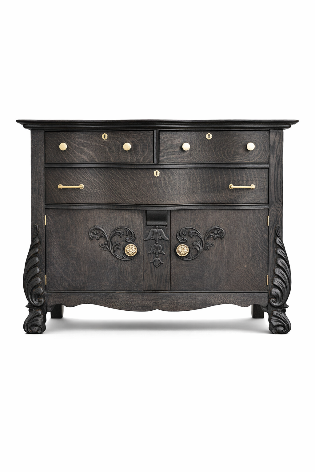 Refinished antique dark wood dresser with ornate carved doors, brass hardware, and restored twisted legs by JD’s Woodshop