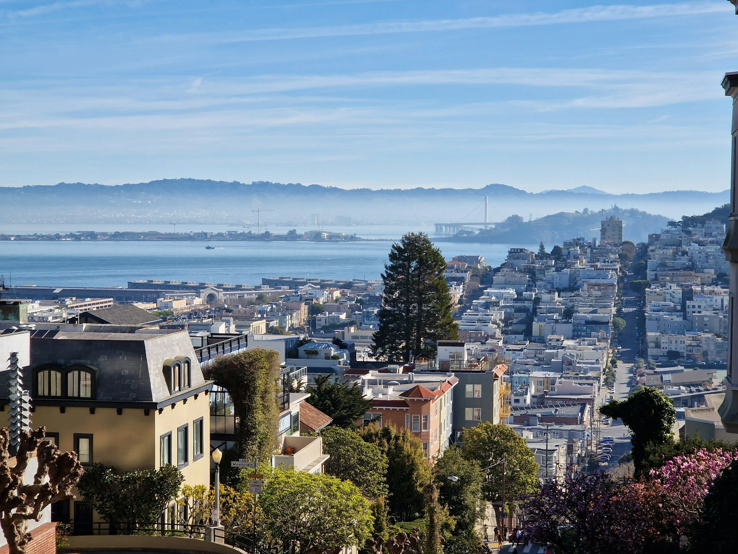 View of San Francisco from a hill, showcasing residential buildings, a street lined with trees, and the Golden Gate Bridge in the background. The bay and distant hills provide a scenic backdrop.