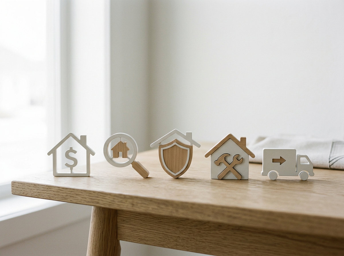 Five small wooden and white decorative icons arranged in a row on a wooden table, representing real estate concepts such as money, house search, home security, maintenance, and moving or delivery.