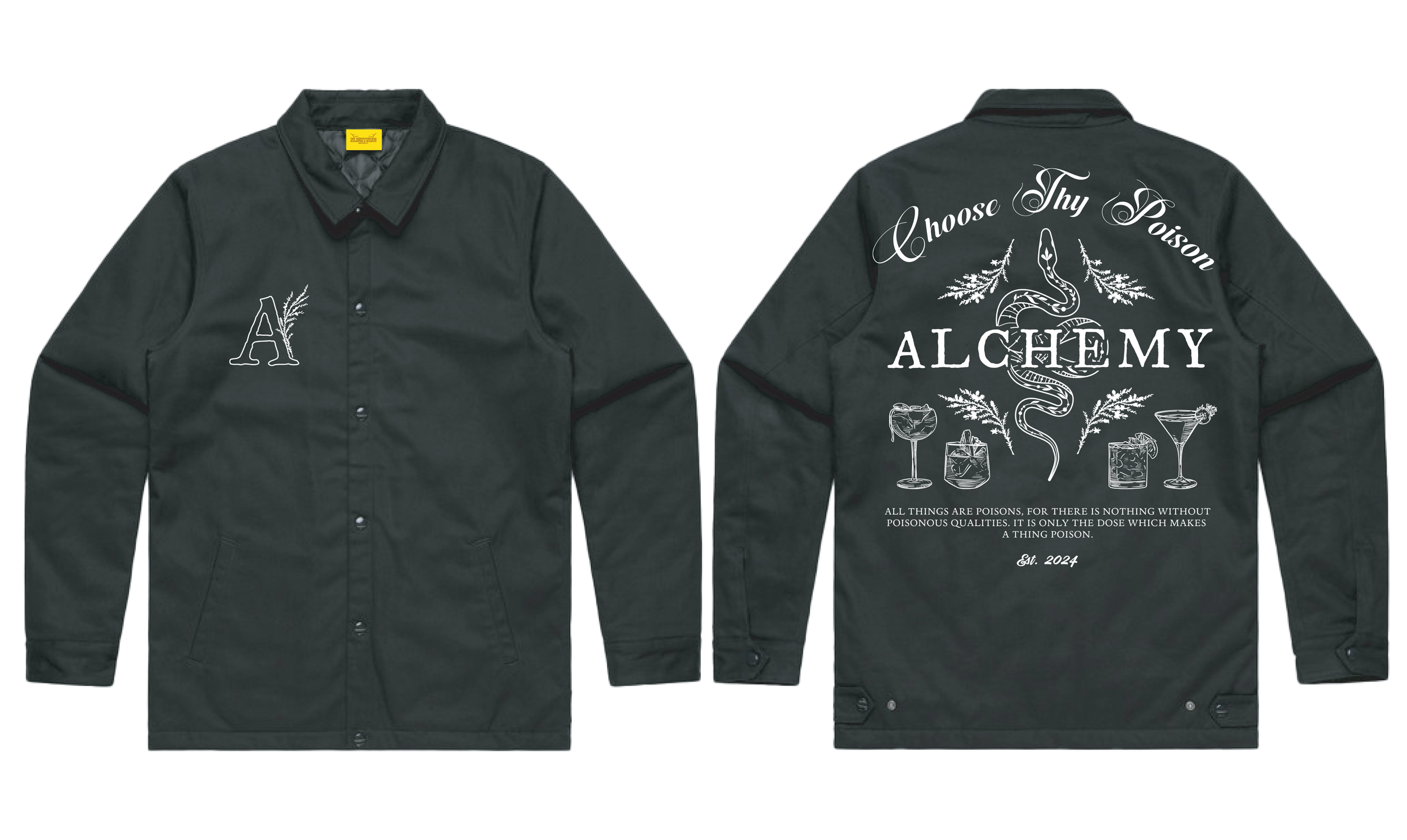 Black button-up jacket with white alchemy-themed designs. Left chest features a letter A with a sprig, back has "Choose Thy Poison ALCHEMY" written in cursive, various drink illustrations, and a quote about poisons and qualities.