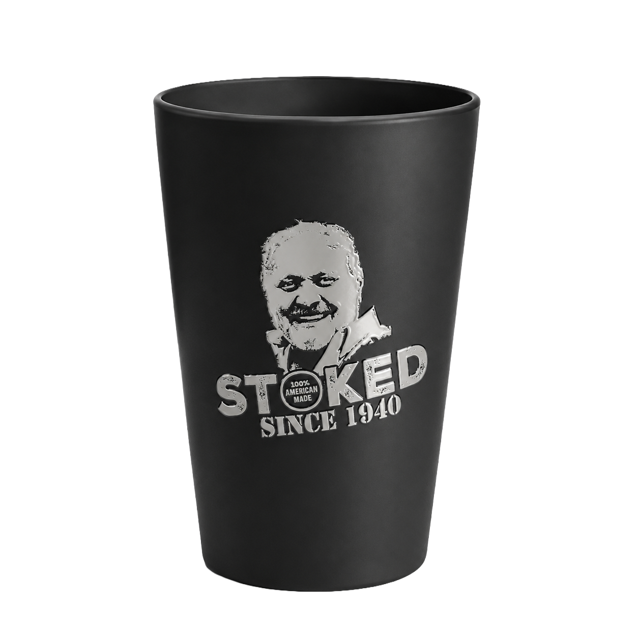 Black tumbler with a white graphic of a smiling man, the text 'Stocked Since 1940,' and a small circle reading '100% American Made.'