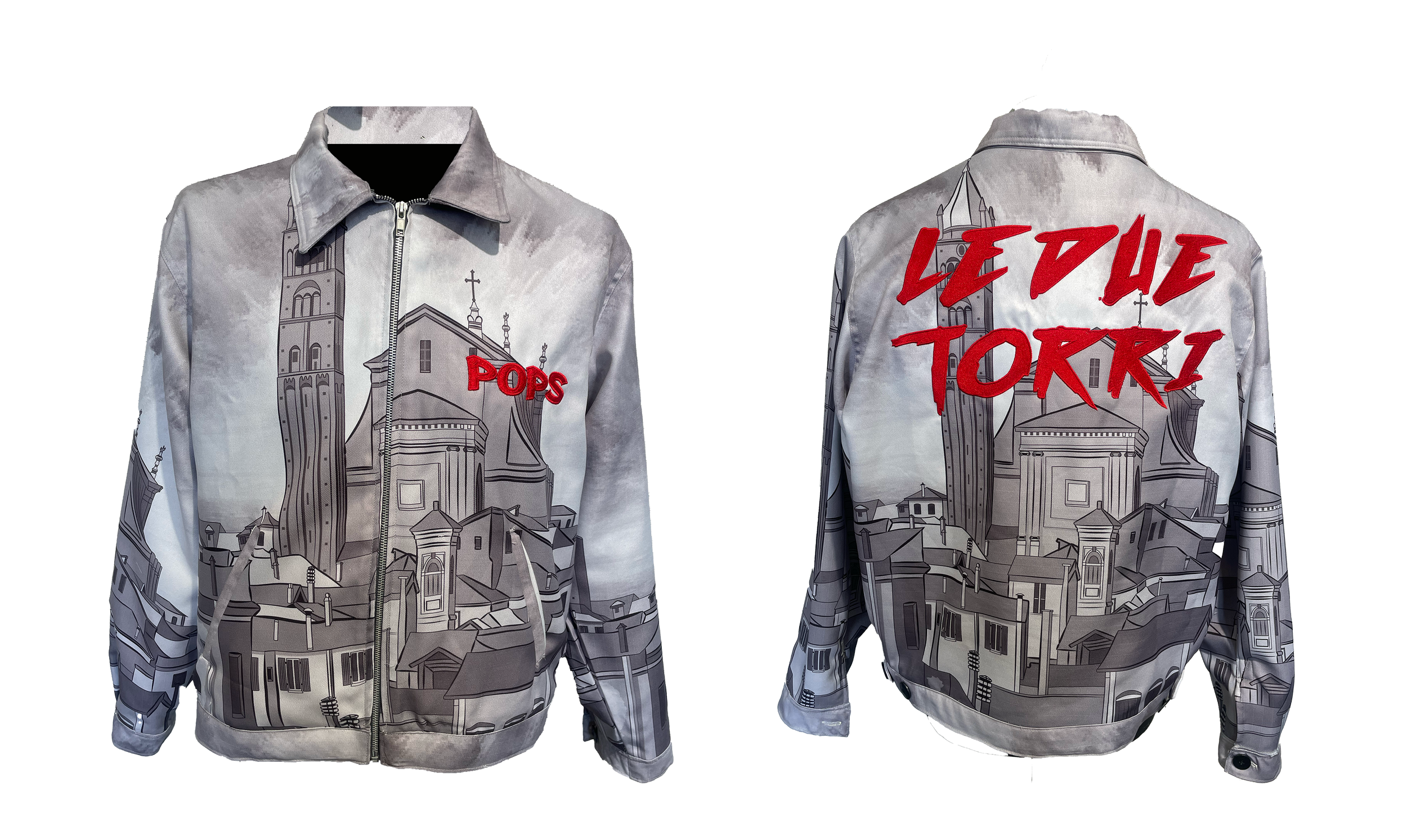 A jacket with an architectural cityscape pattern and red embroidered text reading 'POPS' on the front and 'LE DU TORRI' on the back.