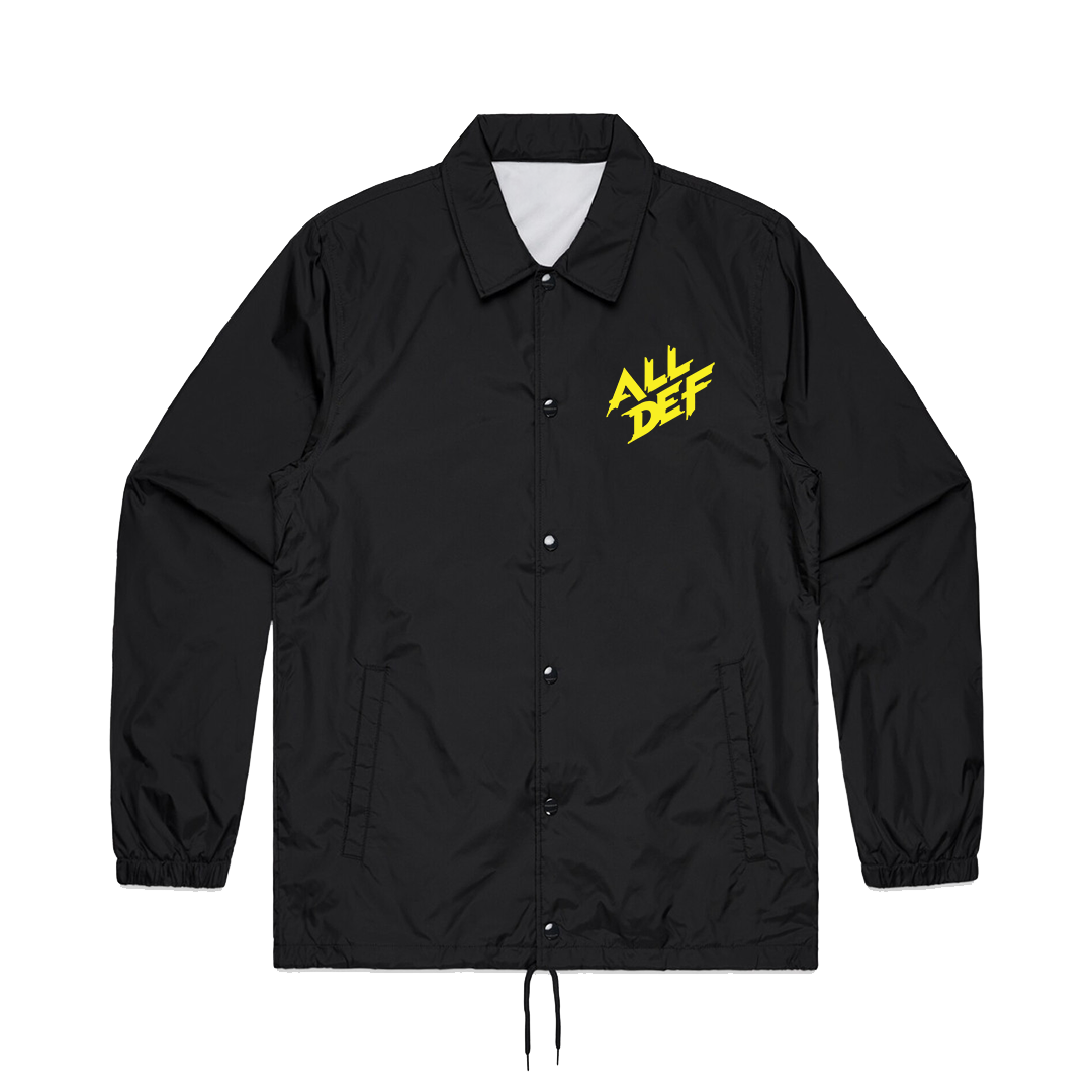 Black varsity jacket featuring yellow graphic text that reads "ALL DEF" on the front left chest