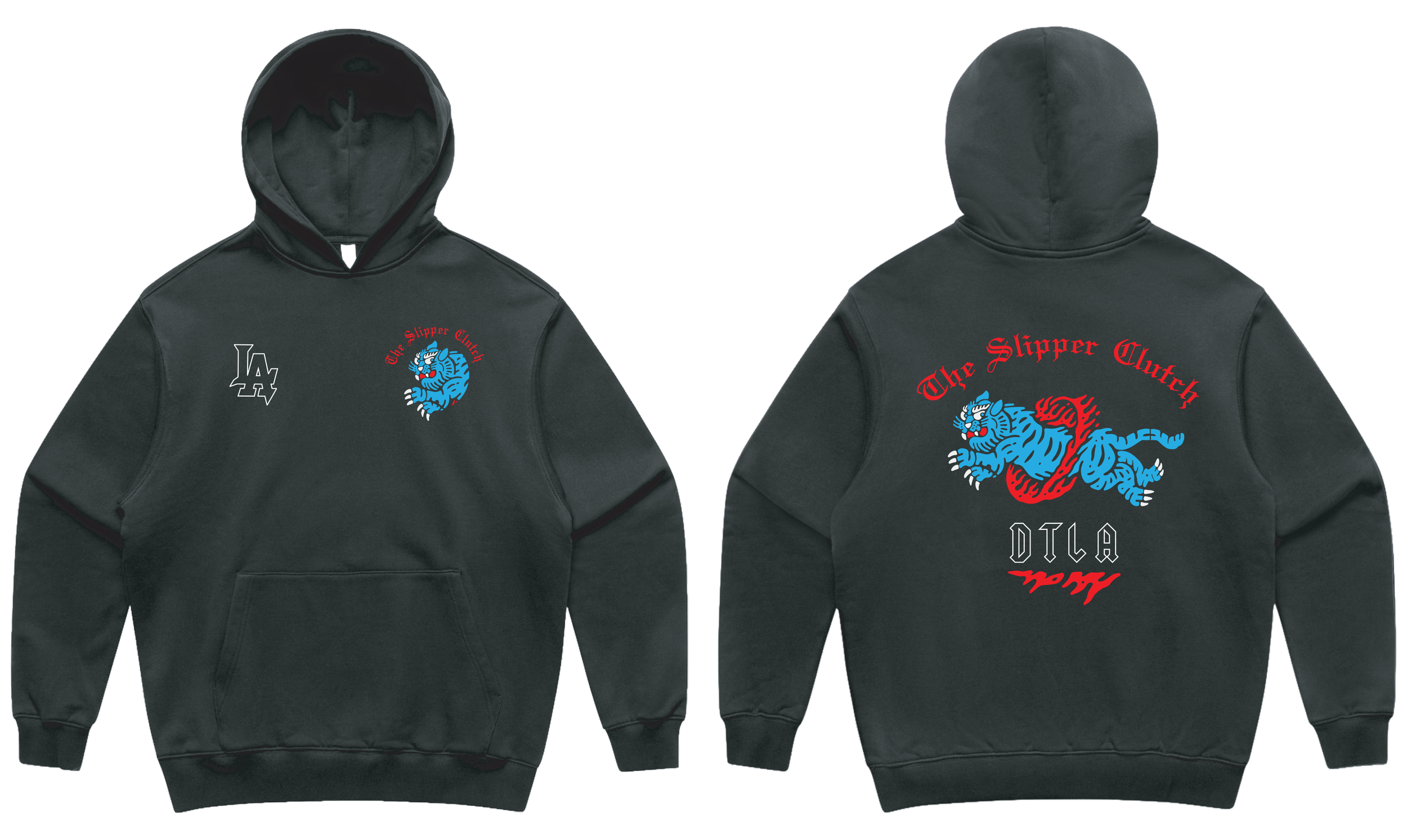 Black hoodie featuring a blue and red tiger graphic on the front, with red text above reading "The Slipper Clutch" and white text below reading "DTLA"; the back of the hoodie displays a larger tiger graphic with red text curved above and red flame-like accents below.