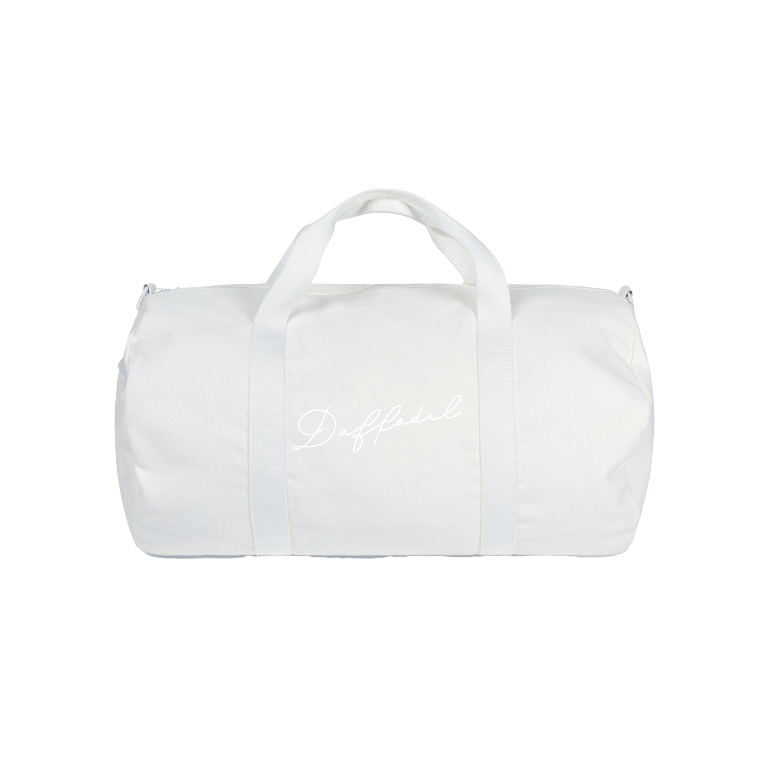 White duffel bag with handles and the word 'Duffle' embroidered in cursive