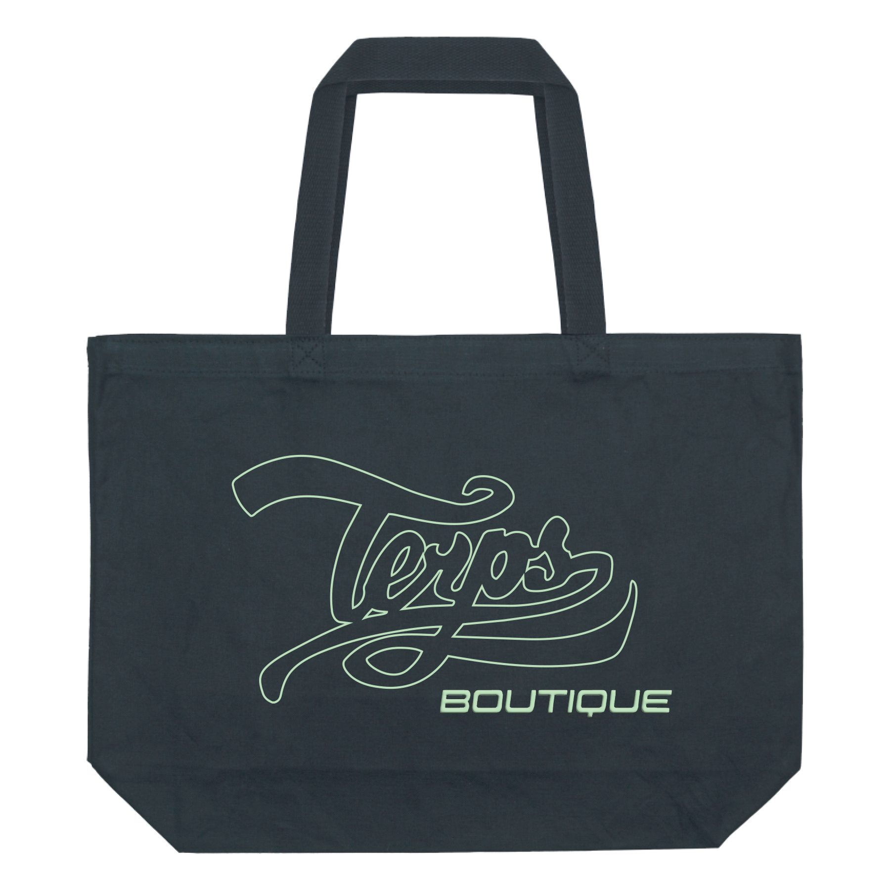 Black shopping bag with neon green and white text that reads "Terry's BOUTIQUE."