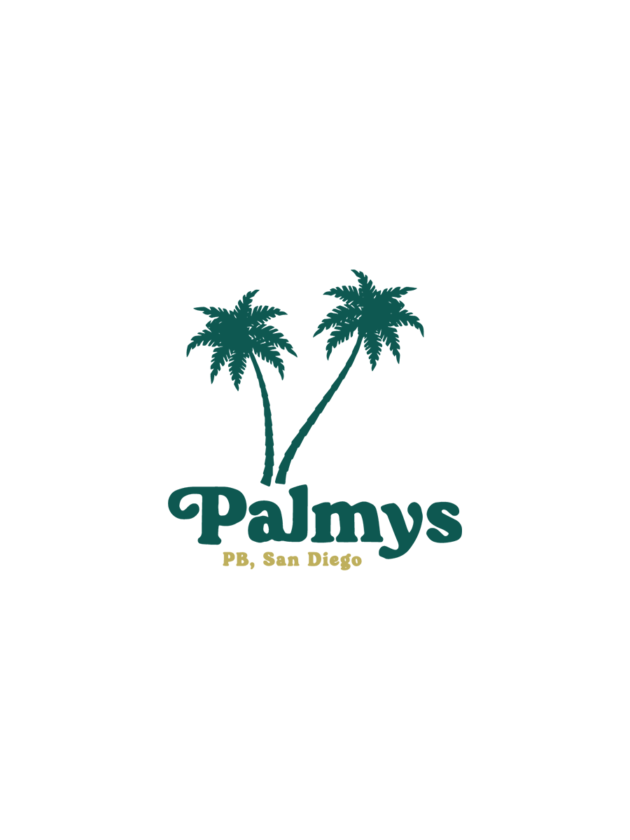 Logo for Palmys featuring two palm trees and the text 'Palmys PB, San Diego'.