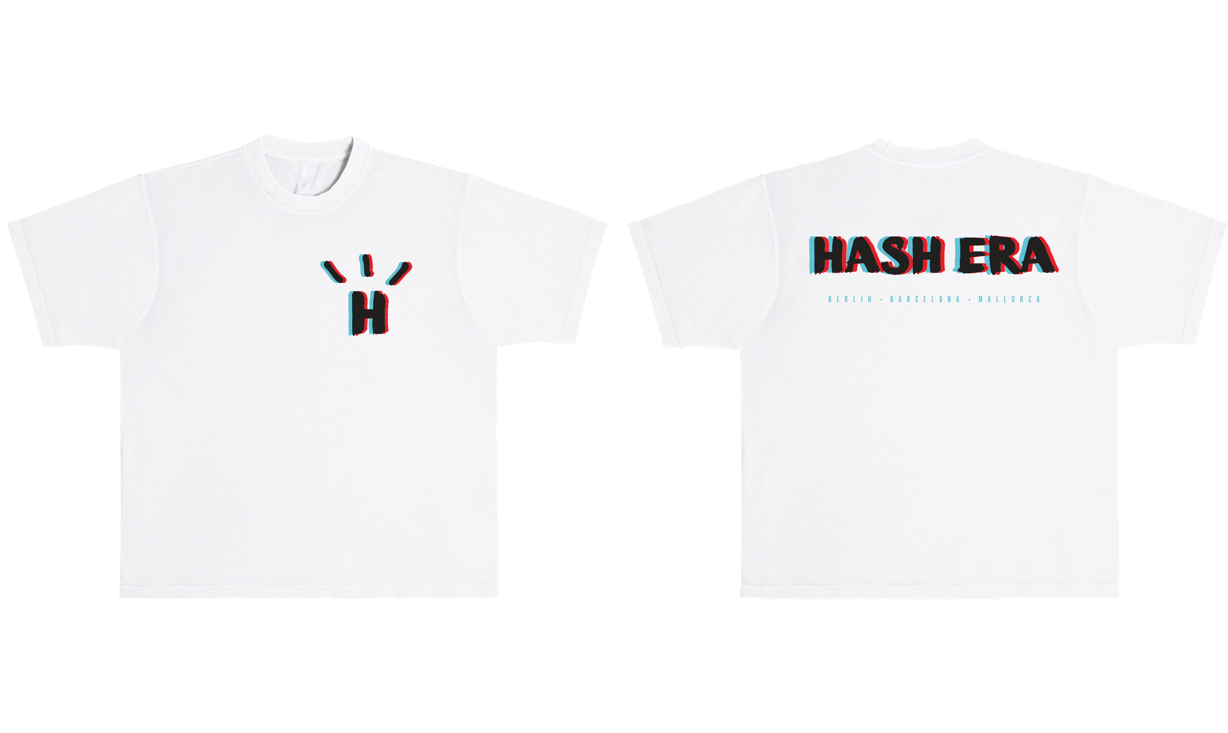 White T-shirt with a small graphic of a stylized letter 'H' with radiating lines on the front, and the word 'HASH ERA' along with locations 'Berlin, Barcelona, Mallorca' printed on the back.