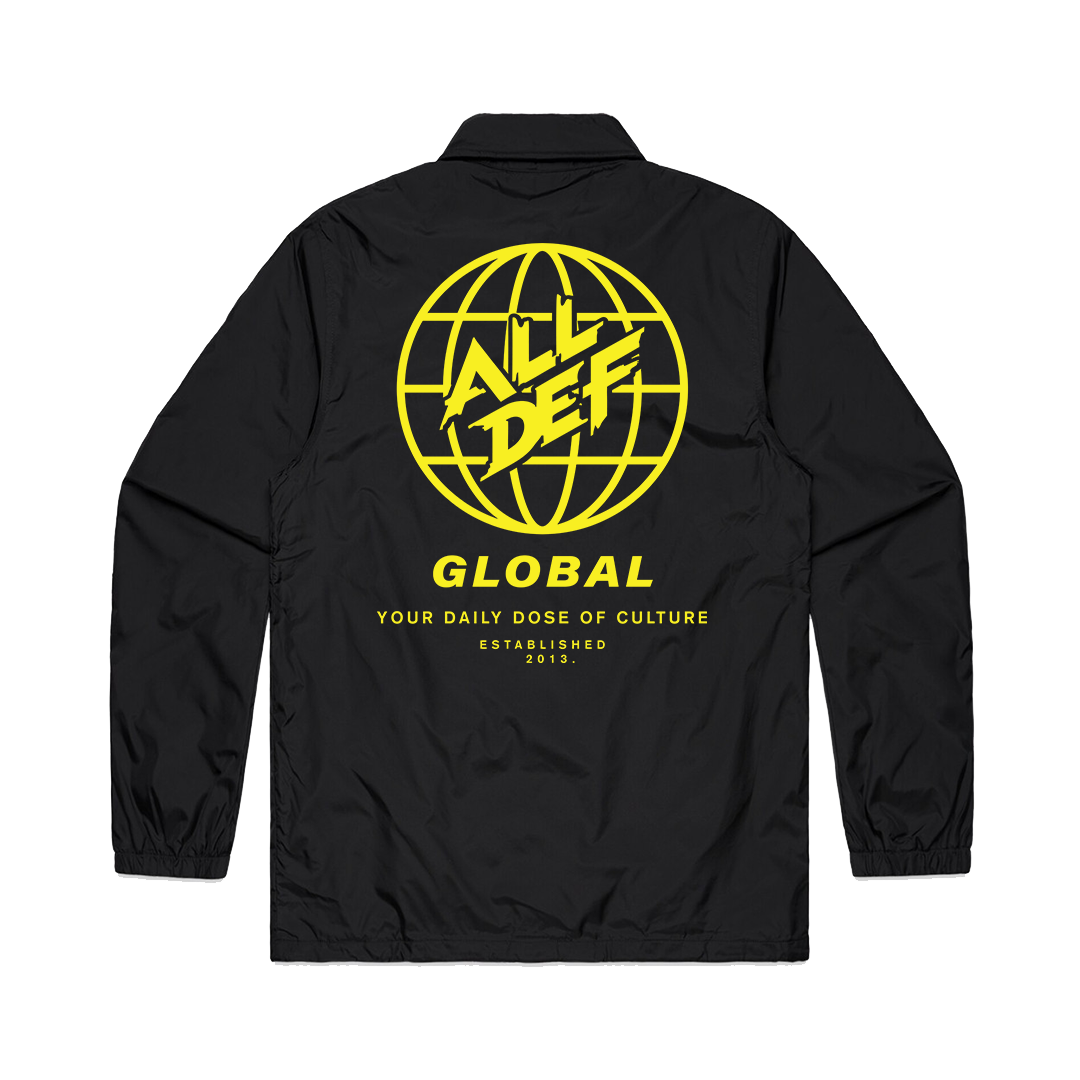Black jacket with yellow logo of a globe and the words "All Def," "Global," and "Your Daily Dose of Culture" on the back.