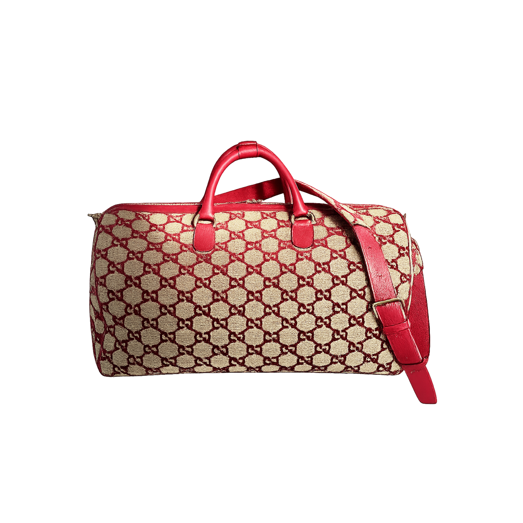 Designer handbag with beige fabric featuring a red interlocking pattern, red leather handles, and an adjustable shoulder strap.
