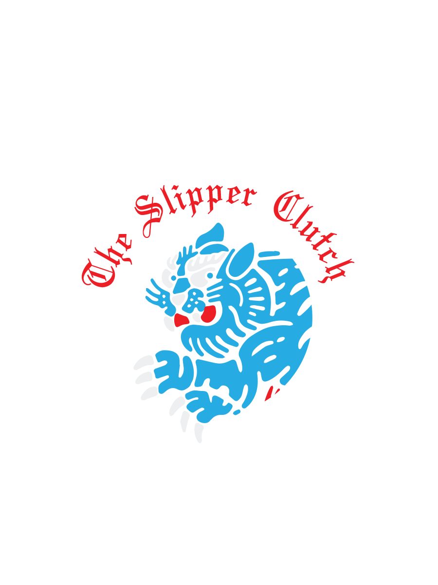A cartoon blue tiger with glasses and red tongue, surrounded by red text that reads "The Slipper Cluttry" on a black background.