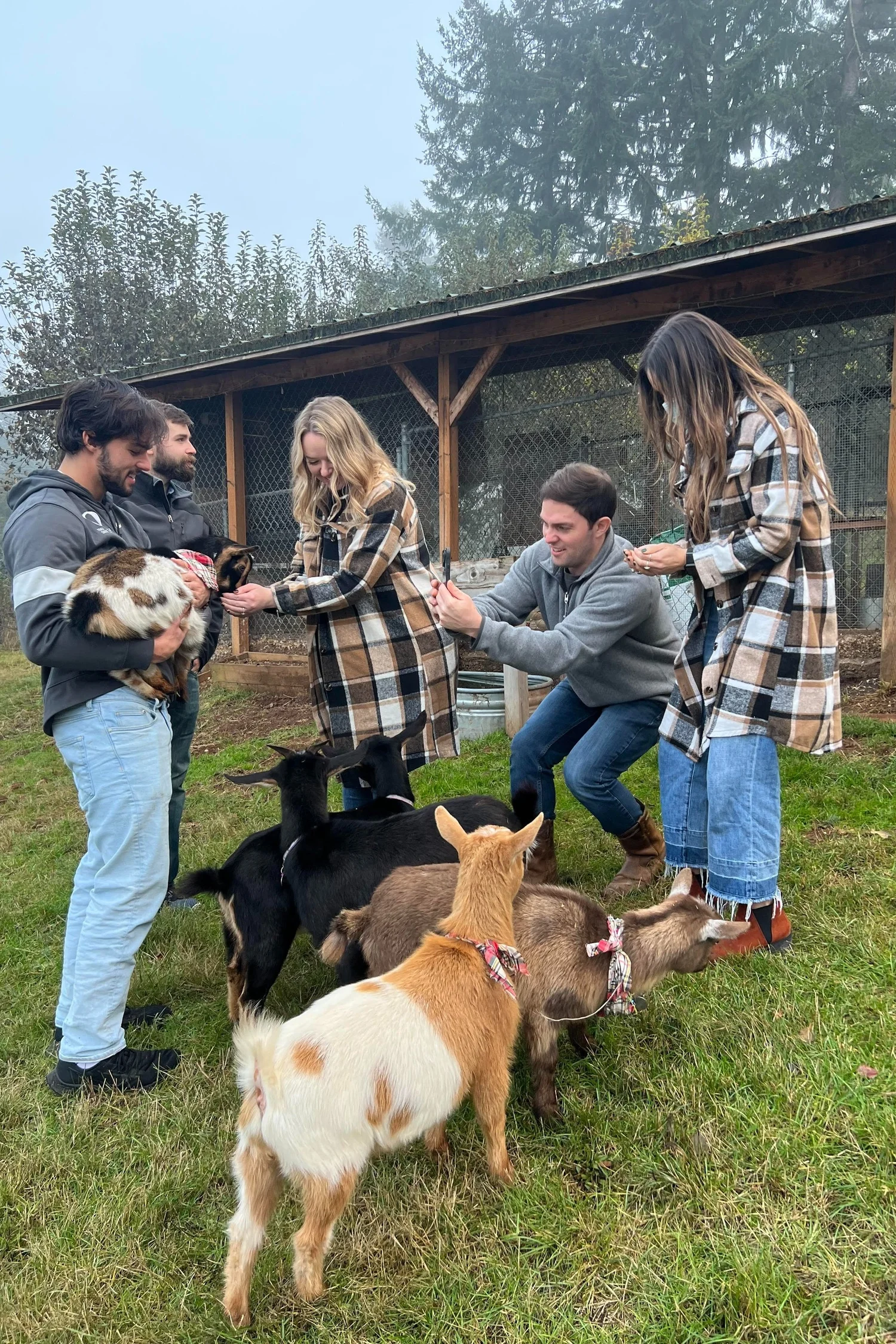 Family and friends spending time with the goats outside the barn