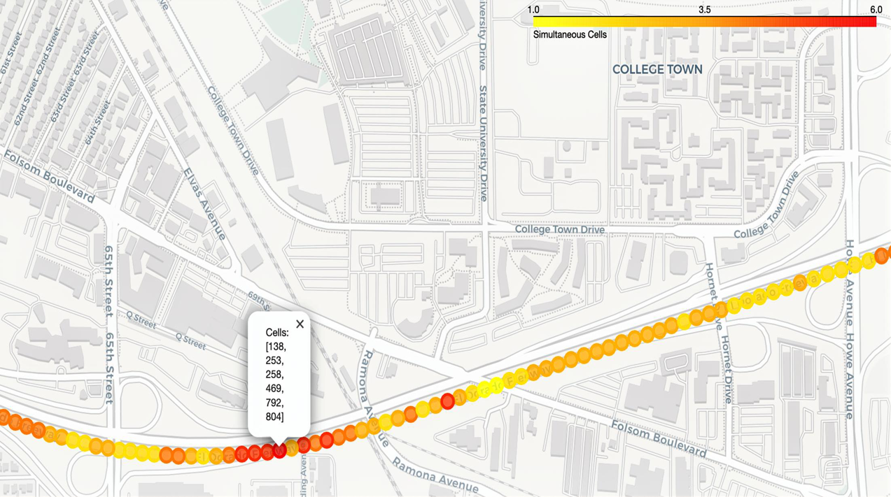 Map showing a distribution of cells along a curved path with color coding from yellow to red, indicating cell quantities. The map includes streets like College Town Drive and Ramona Avenue, with a color scale from 1 to 6 at the top.