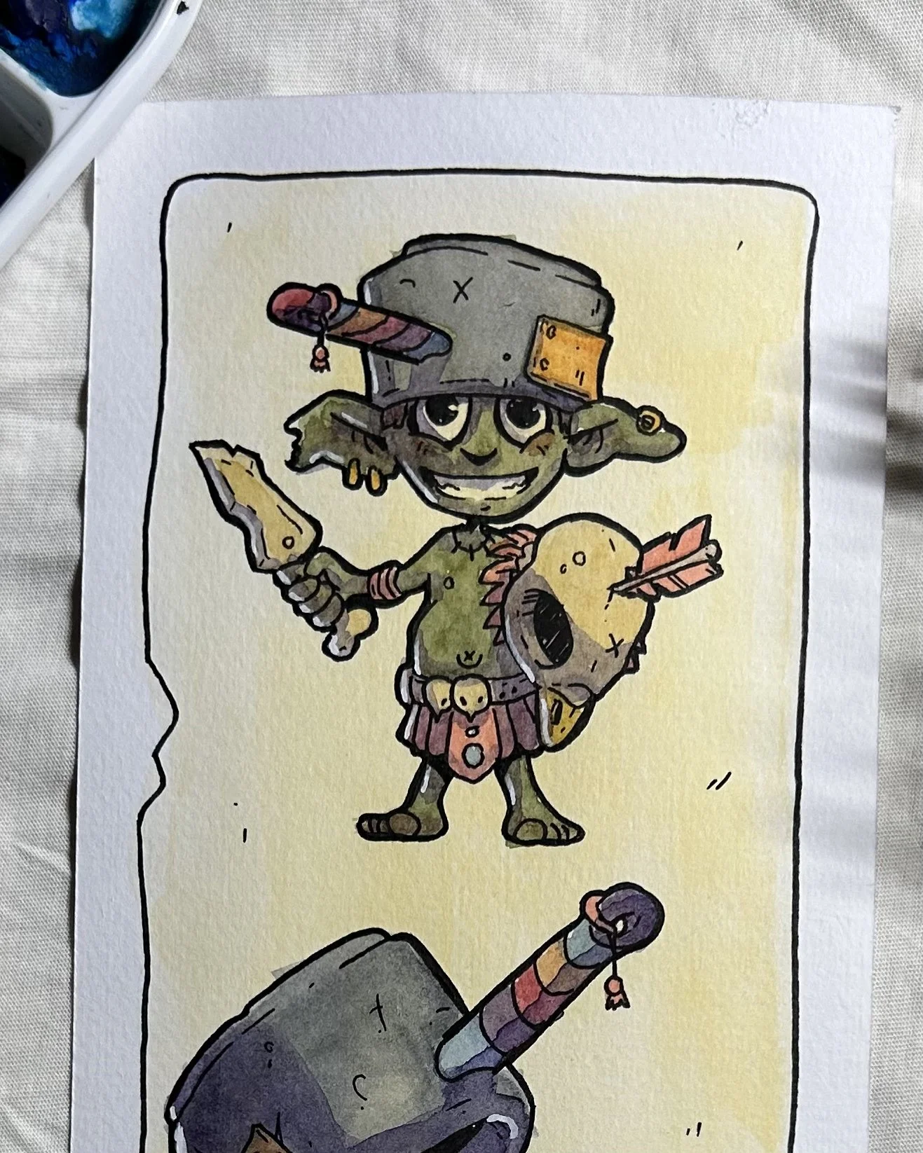 Green goblin swordsman in a pot helmet holding a stone sword, ink and watercolor illustration on cream paper.