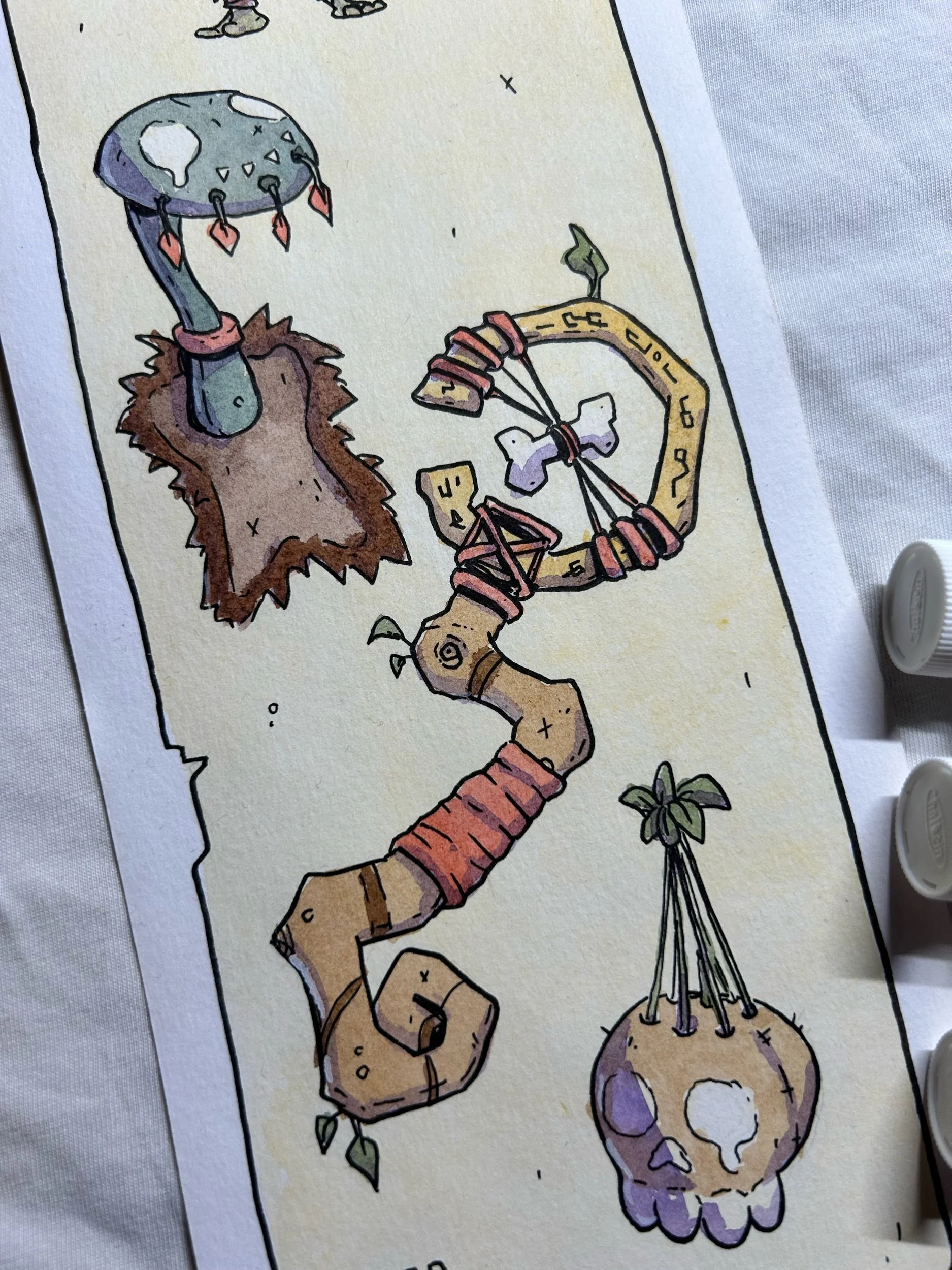 Fur cloak with a mushroom-like skull hat and a curled bone staff, ink and watercolor goblin illustration.
