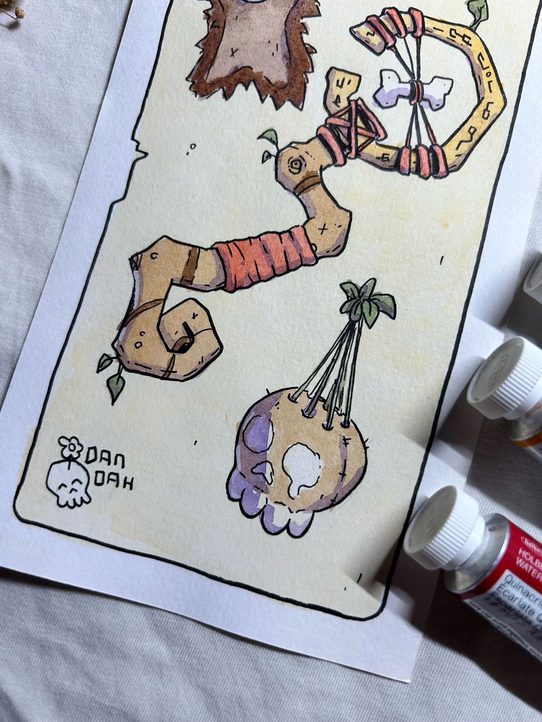 Curled bone staff and a plant-covered hanging skull, close-up of a goblin illustration in ink and watercolor.