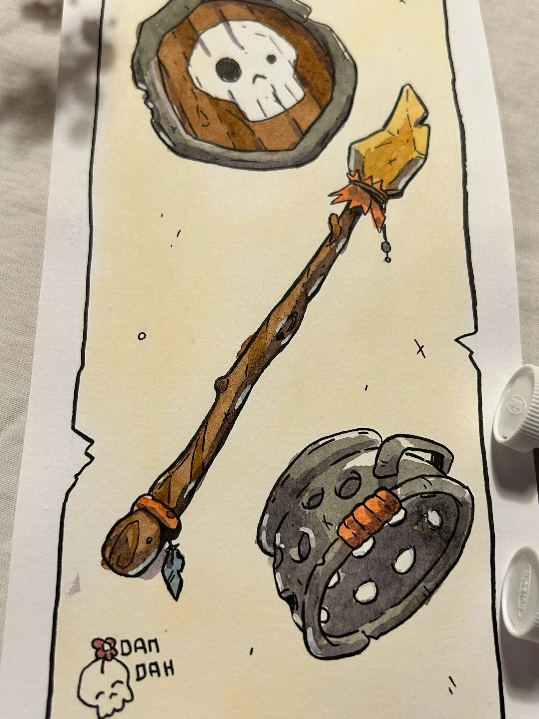 Wooden spear and iron bracer drawn in ink and watercolor, close-up detail of an original goblin illustration.
