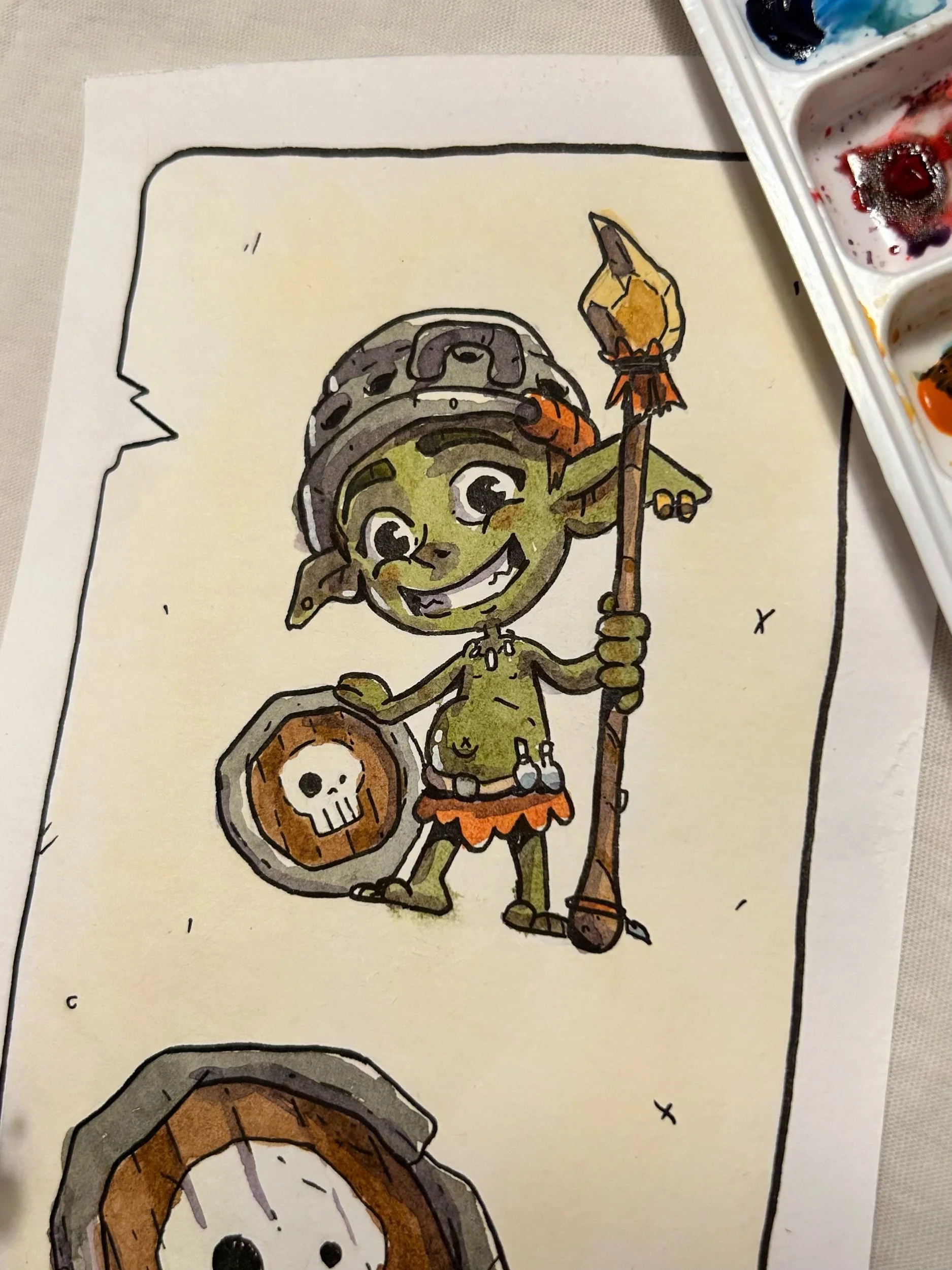Green goblin spearman in a helmet holding a spear, ink and watercolor illustration on cream paper.
