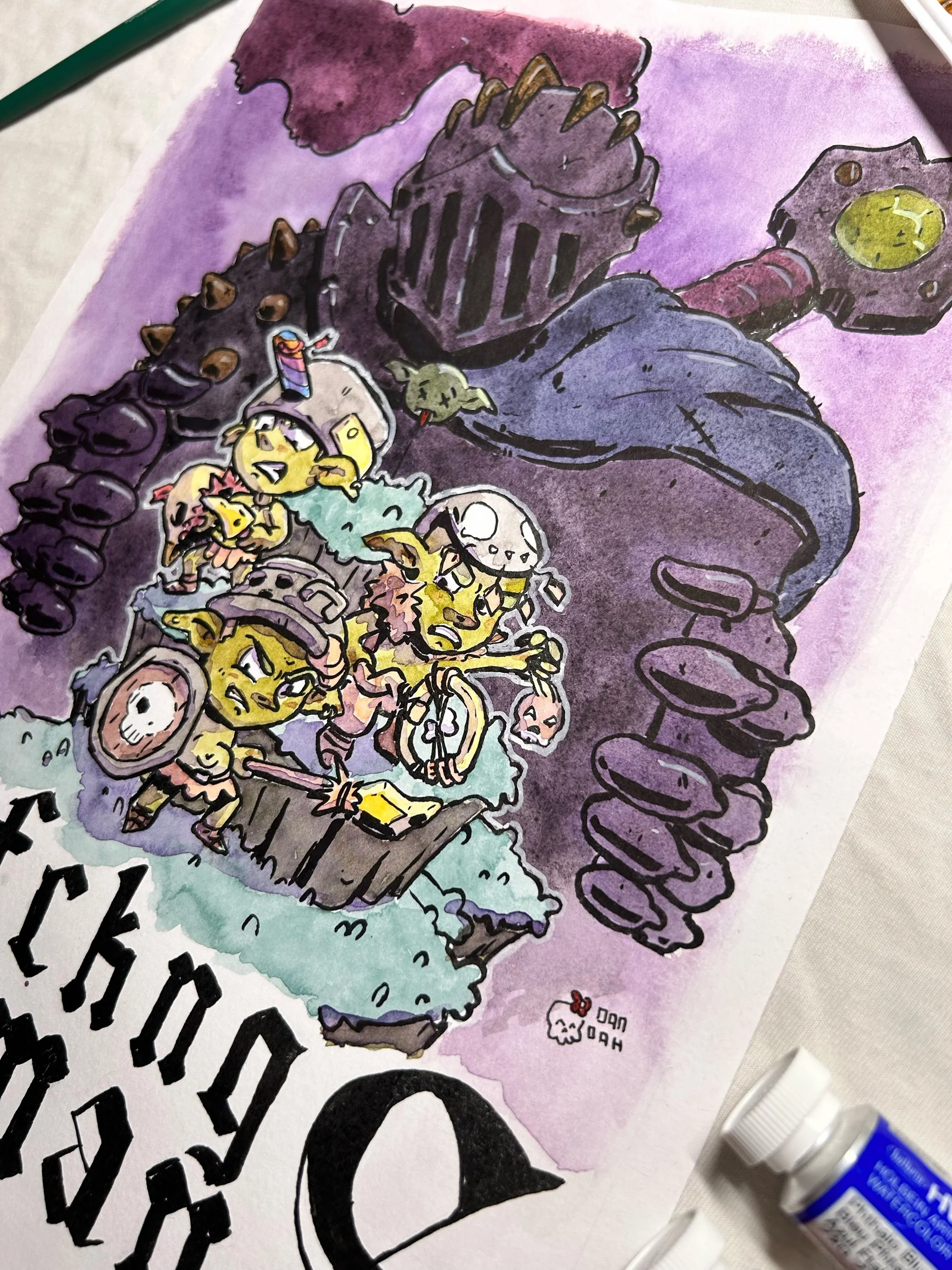 Goblins in front of a looming knight in dark armor, original ink and watercolor cover art on white paper.