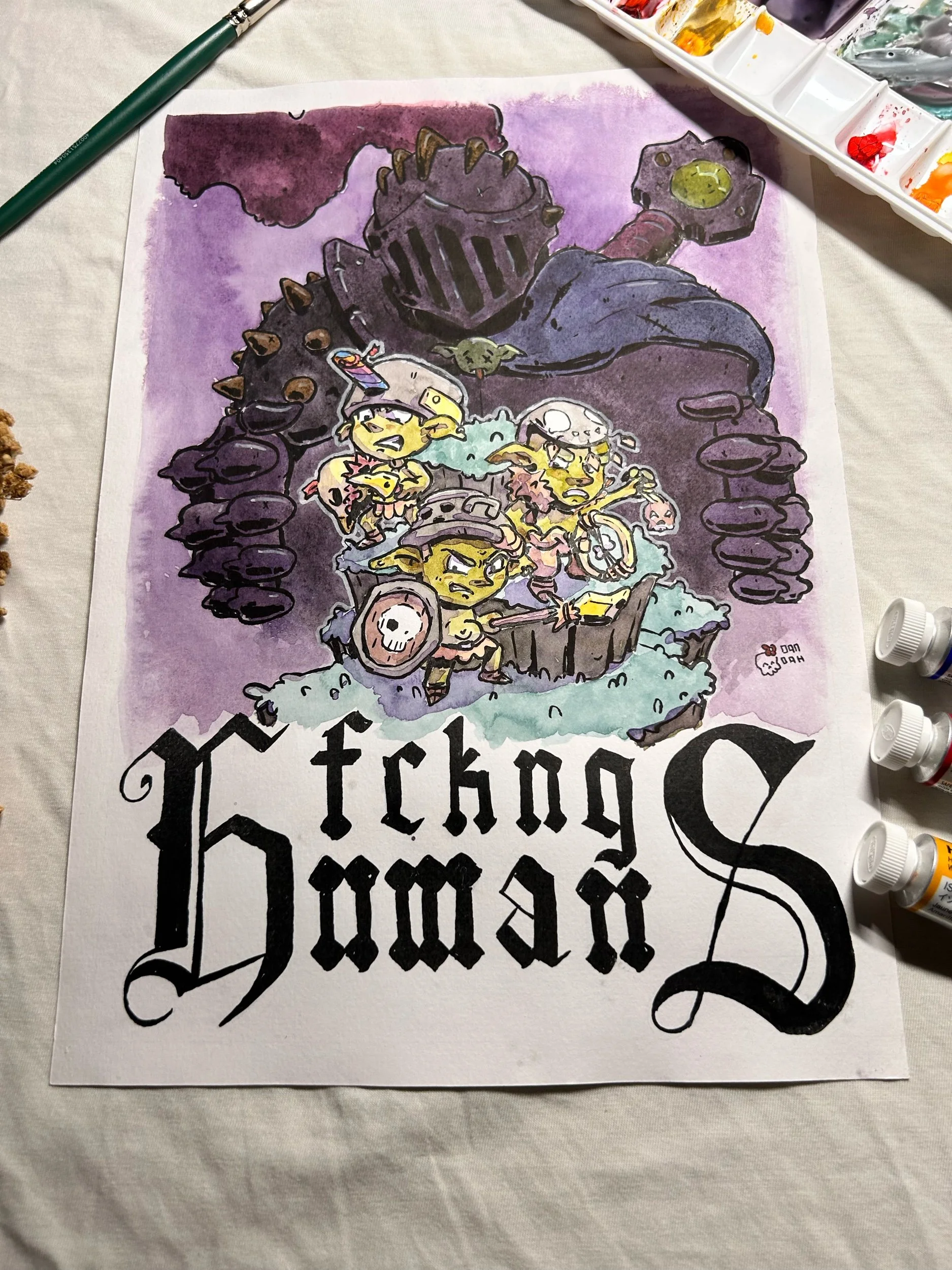 Gothic lettering reading fckng Humans below a goblin scene, ink and watercolor cover art on paper.