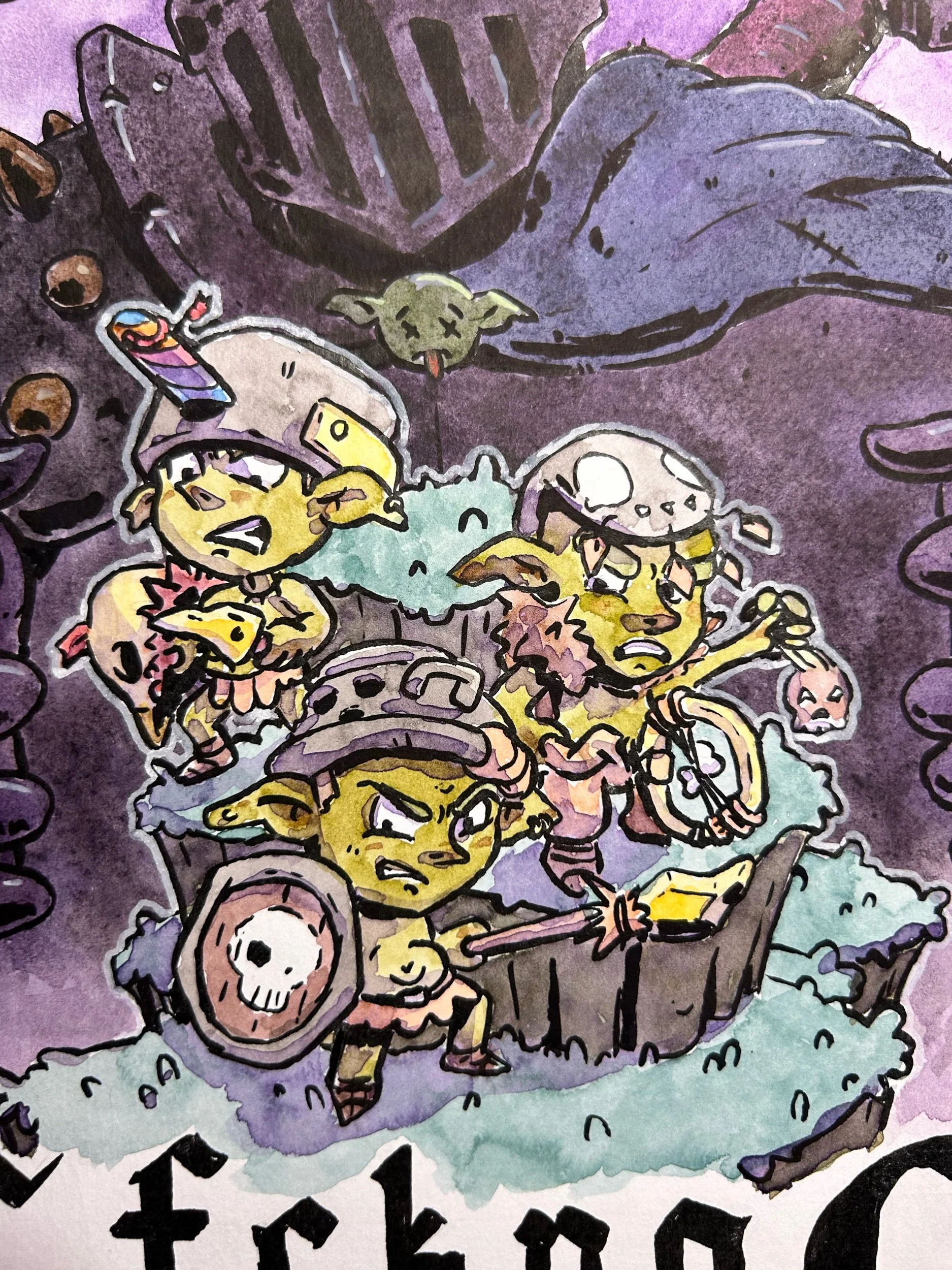 Close-up of three goblins with helmets and a shield, ink and watercolor illustration in purple and teal tones.