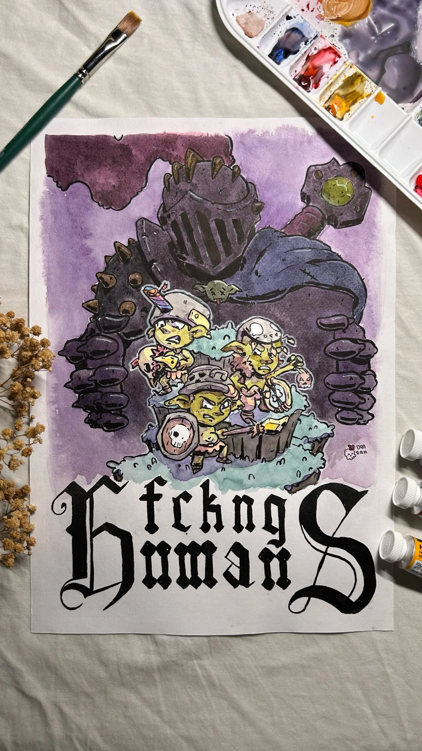 Goblin band in front of a giant armored knight, ink and watercolor cover art with gothic lettering.