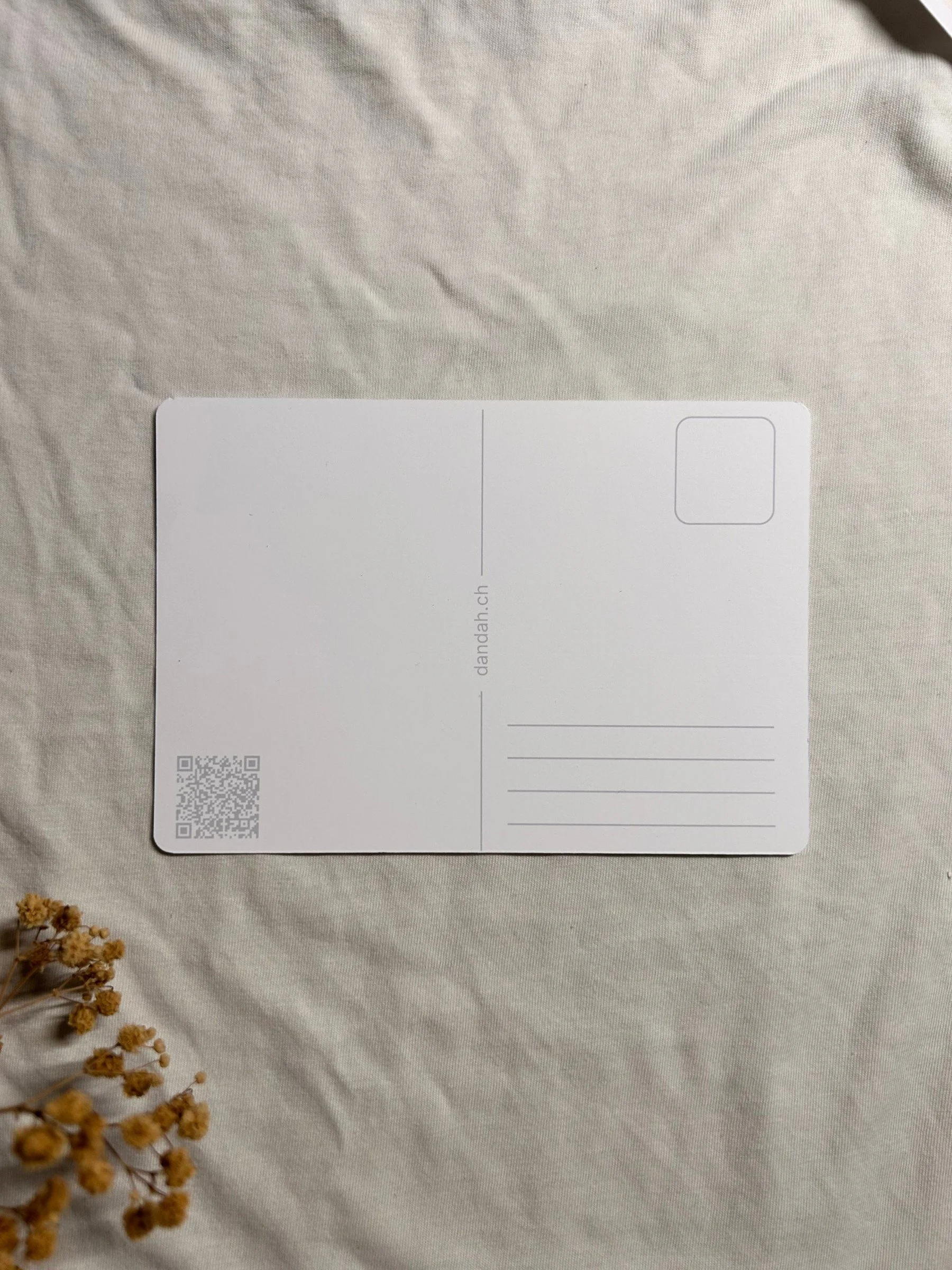 Back of the illustrated postcard with address lines, stamp box, dandah.ch and QR code on matte white card.