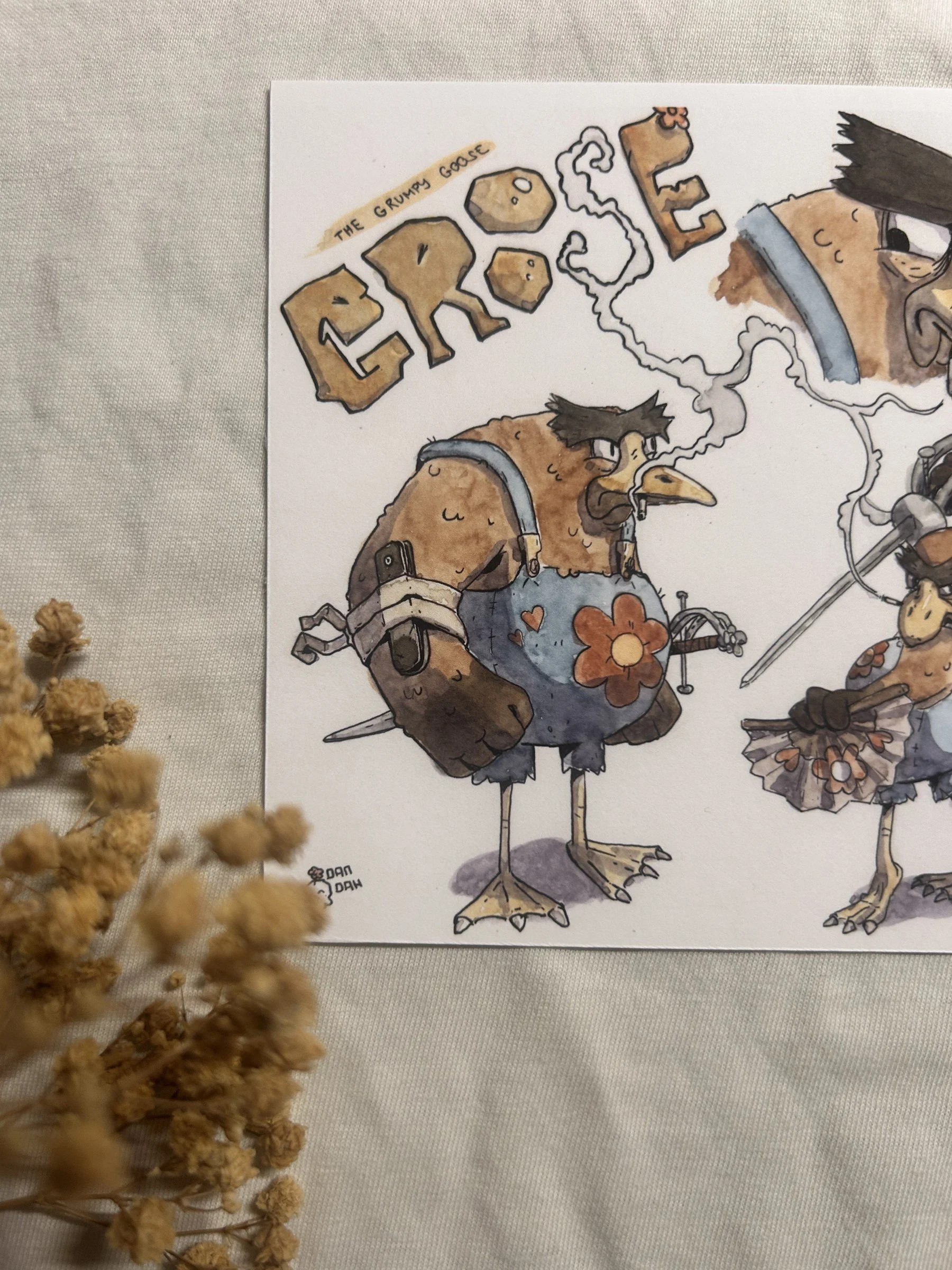 groose-postcard-3.jpgGrumpy goose in flower overalls with a rapier at his side, ink and watercolor postcard detail.