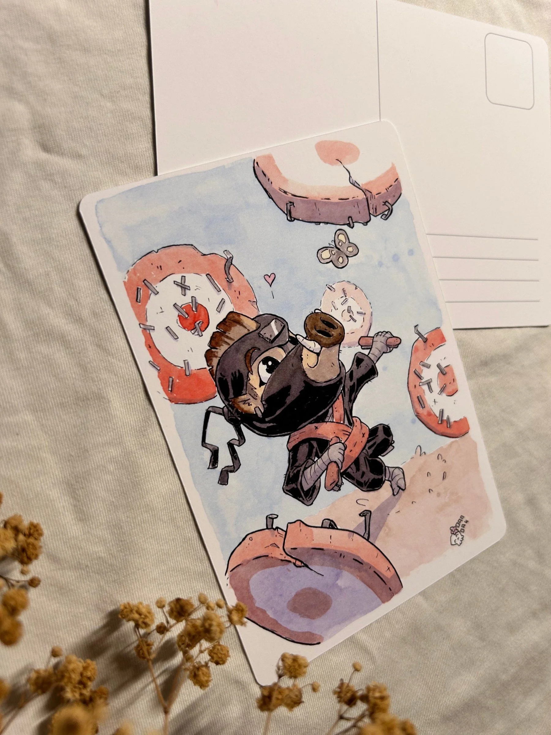 Close-up of the boar ninja gazing at a butterfly with a little heart, ink and watercolor postcard illustration.