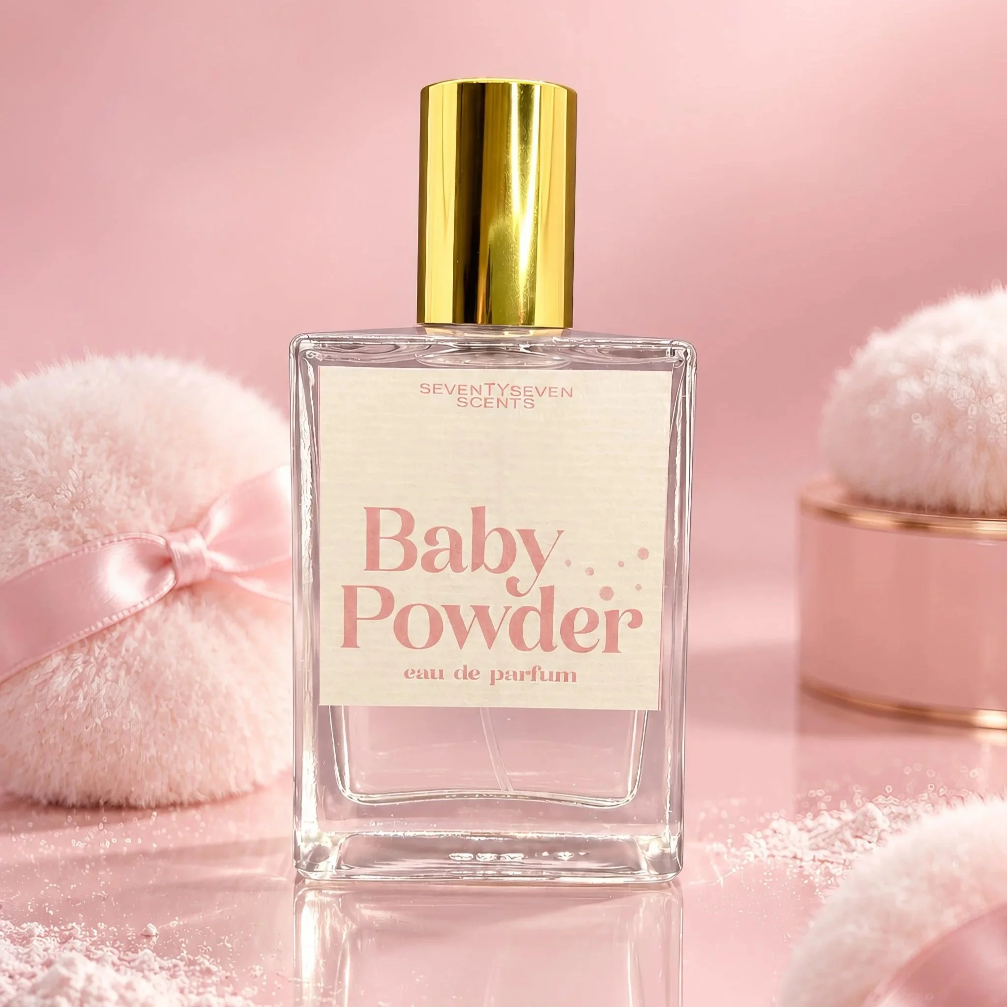 Baby powder fragrance, freesia and white flowers opening, powdery soft finish