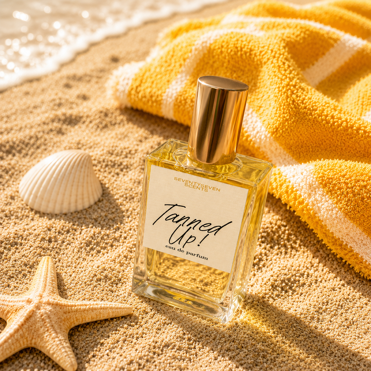Tanned Up! perfume by 77Scents, a soft powdery holiday fragrance with tropical suntan lotion vibes, creamy florals and warm musky vanilla.