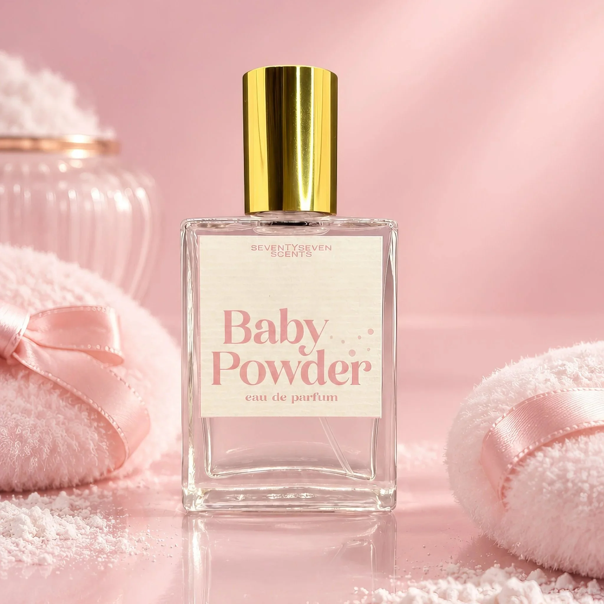Soft powdery perfume, vanilla and musk base notes, talcum-soft baby powder scent