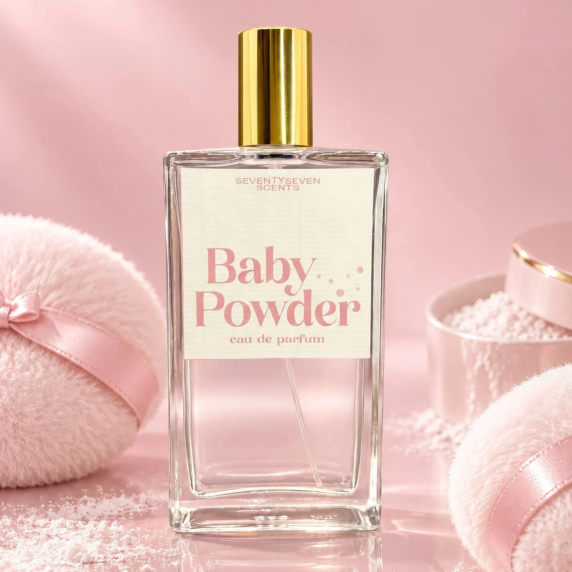 Powdery perfume with white patchouli and musk, soft skin-close powder scent
