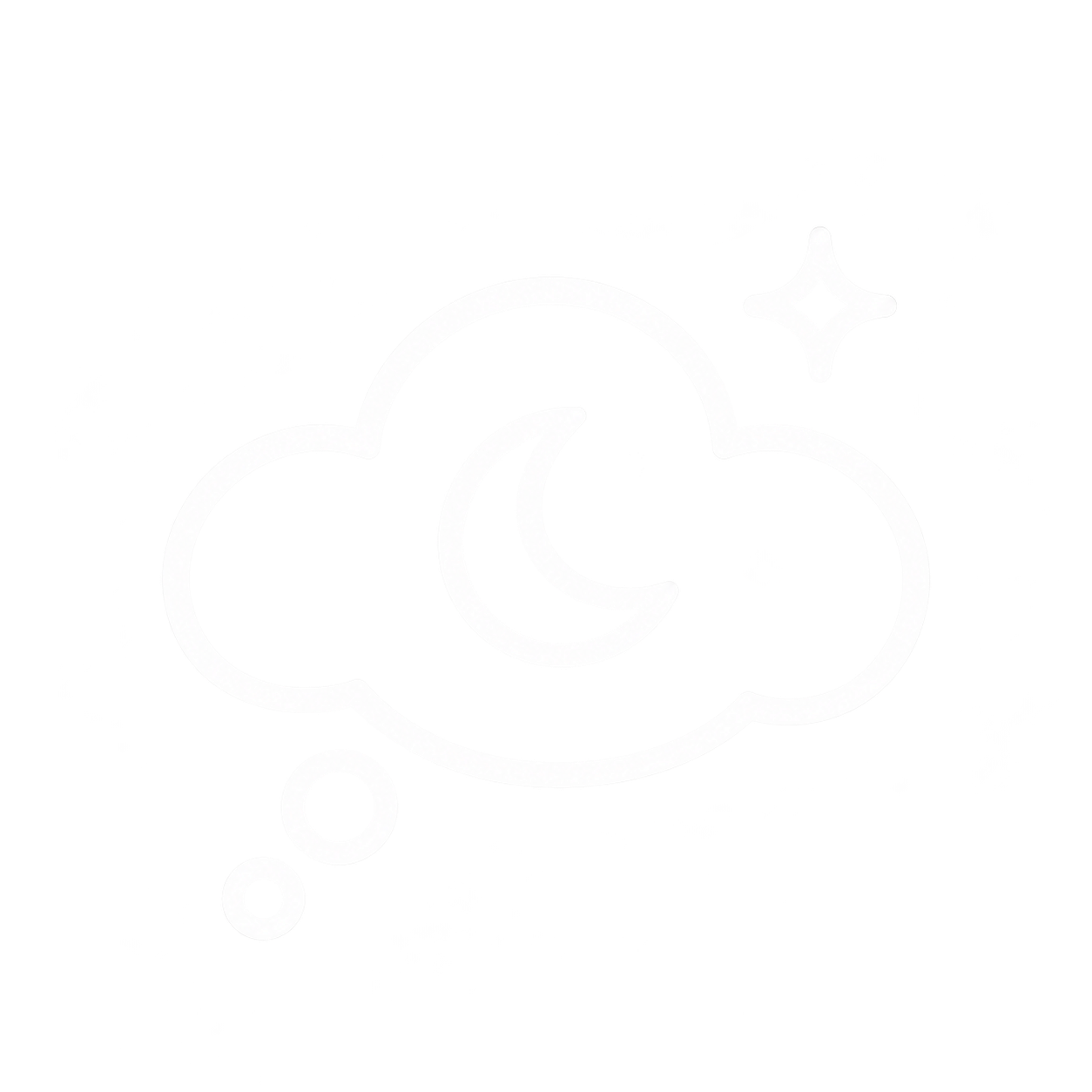 Outline of a cloud with a crescent moon in the center, a star to the upper right, and three small circles below on the left side.