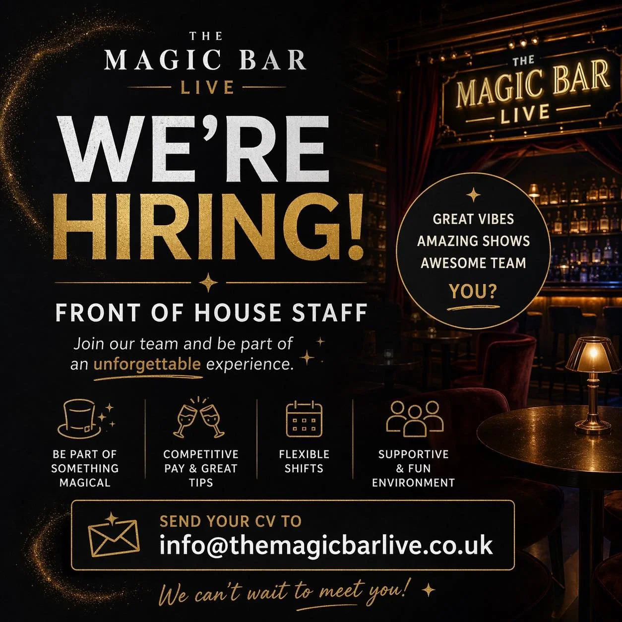 Growing our team&hellip; interested in a Front of house job with a difference?
We&rsquo;re looking for high customer service skills and a bubbly personality. 
We are a mini theatre venue, so the show starts as soon as the customer is greeted.
We&rsqu