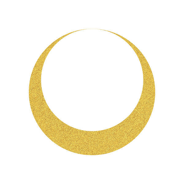 A gold crescent moon on a black background