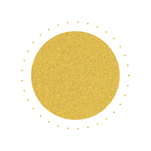 A gold glittery circle with small dotted yellow rings around it on a black background.