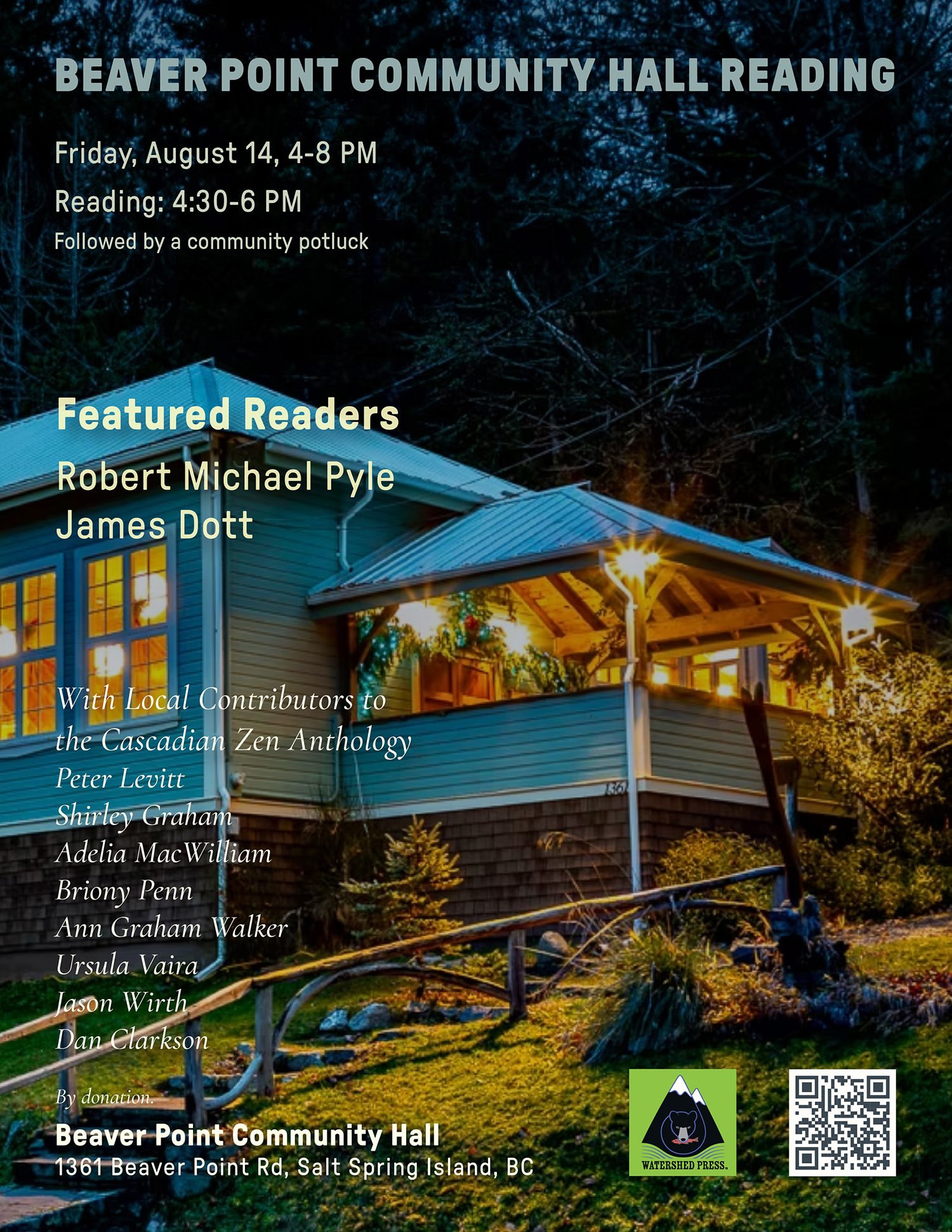 Watershed Press Beaver Point Community Hall Reading poster