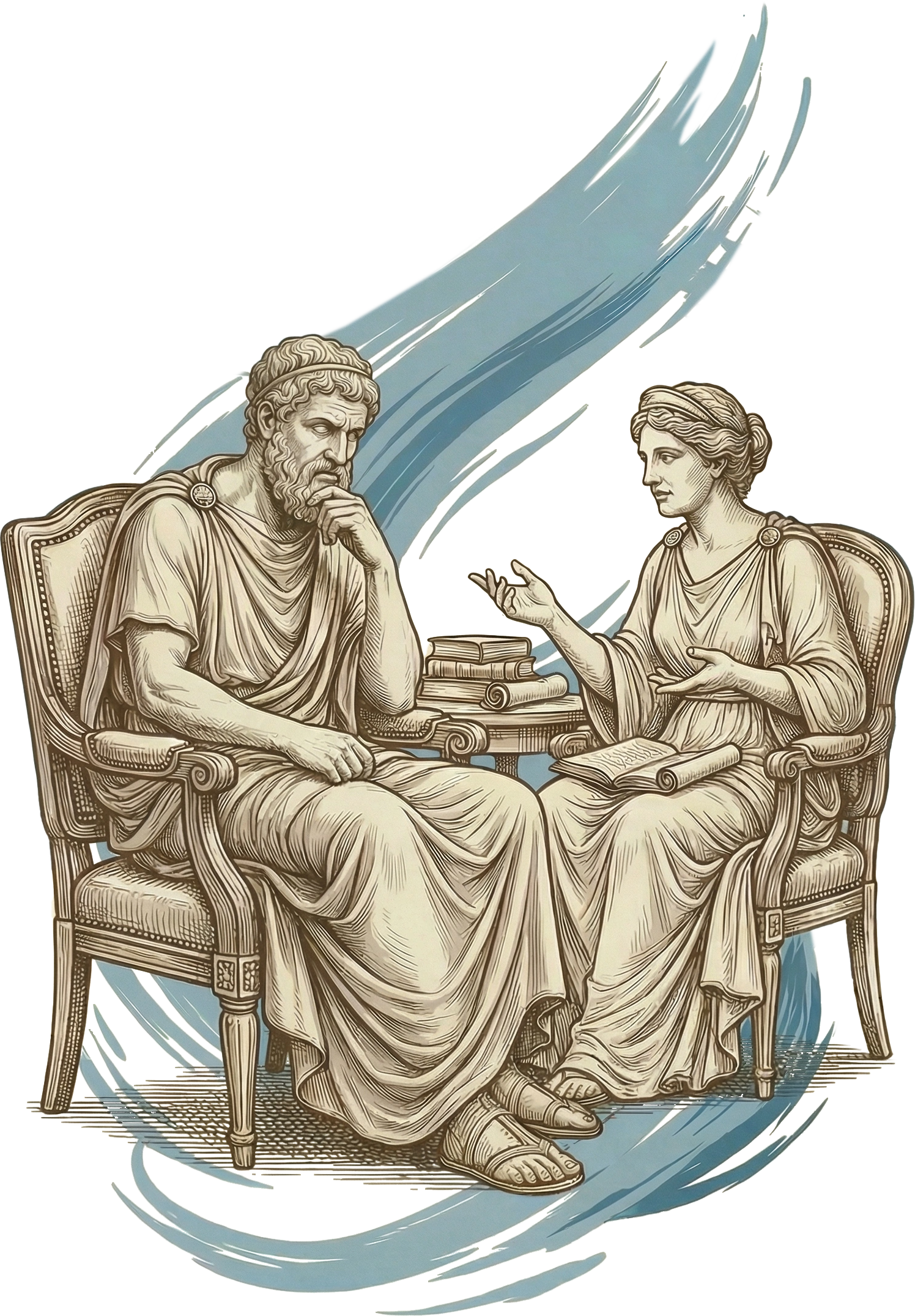 Illustration of two ancient Greek philosophers or scholars engaged in a discussion, seated on ornate chairs with a table that has scrolls and books, set against a decorative abstract background.