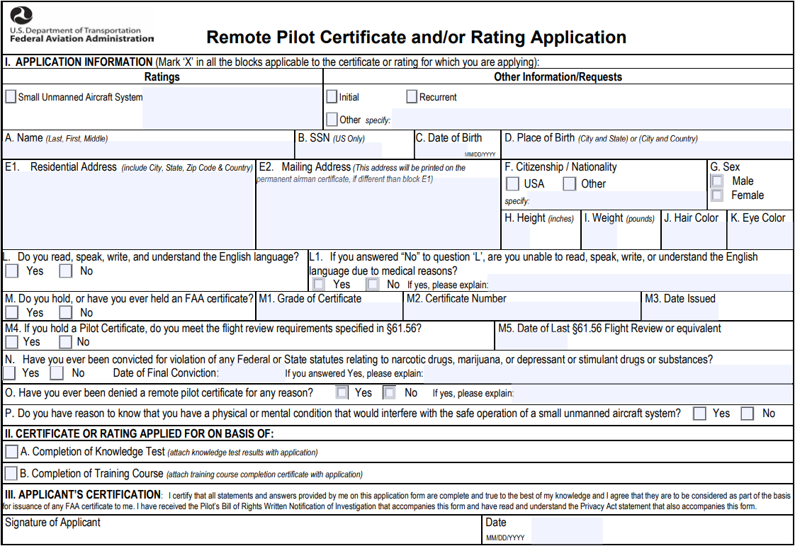 FAA Form 8710-13 Remote Pilot Certificate application