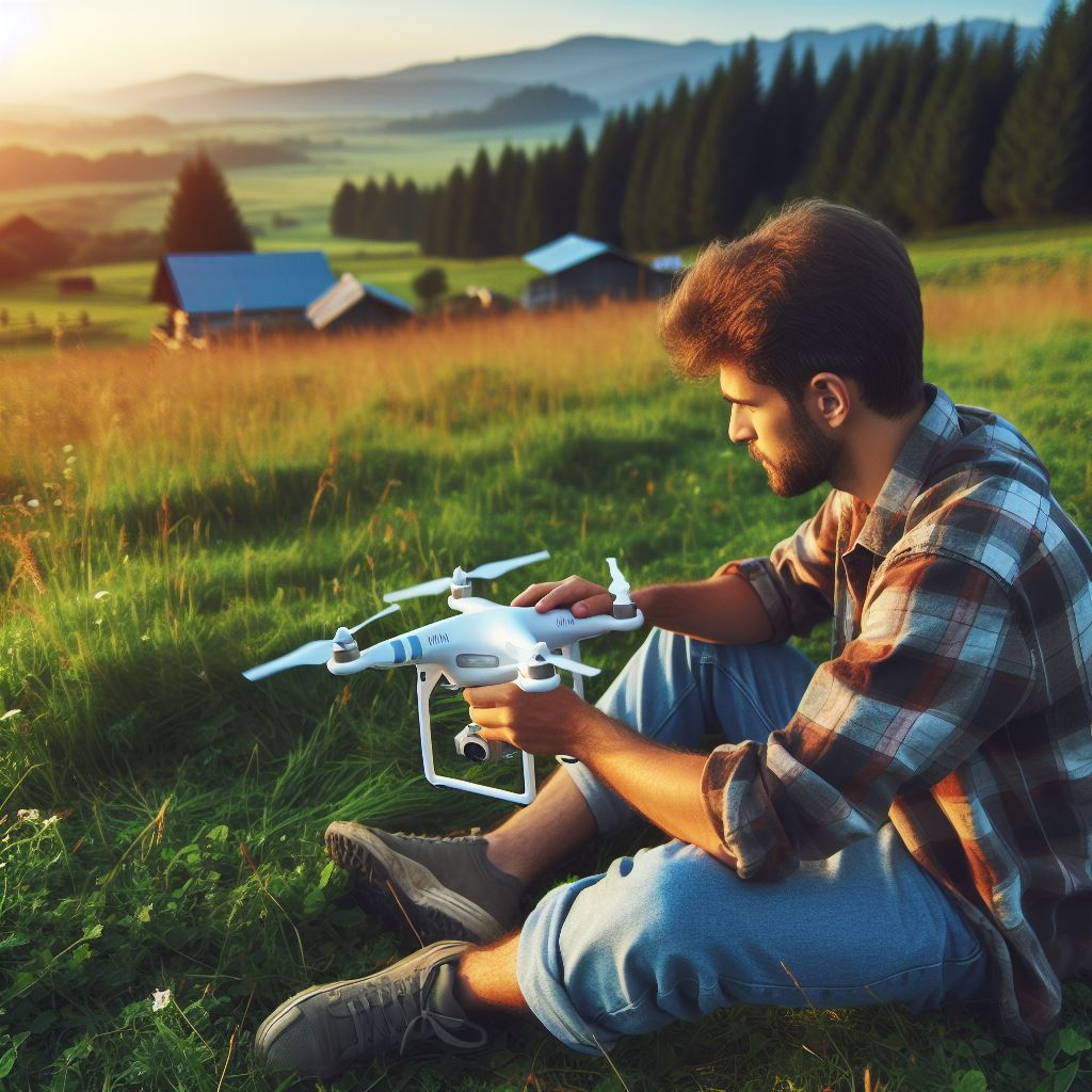 Quadcopter drone resting on grass before a Part 107 flight