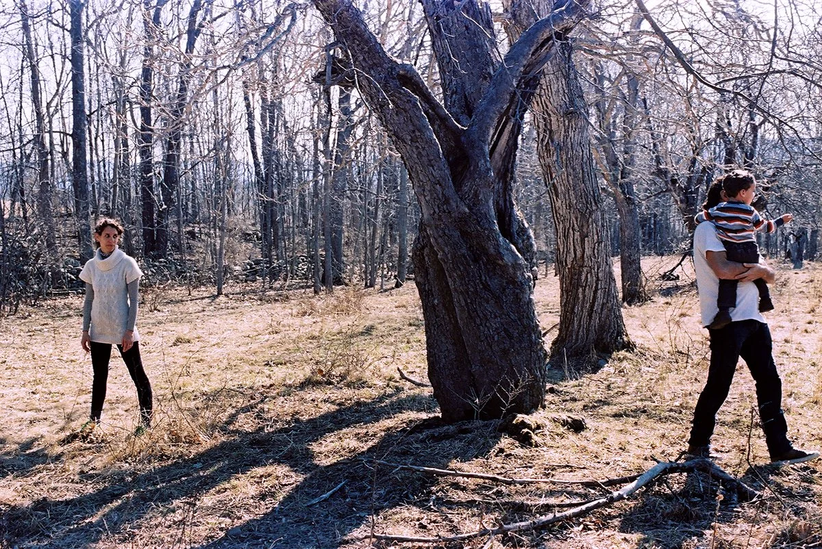 Two people walking through a leafless woodland beside a large old tree.