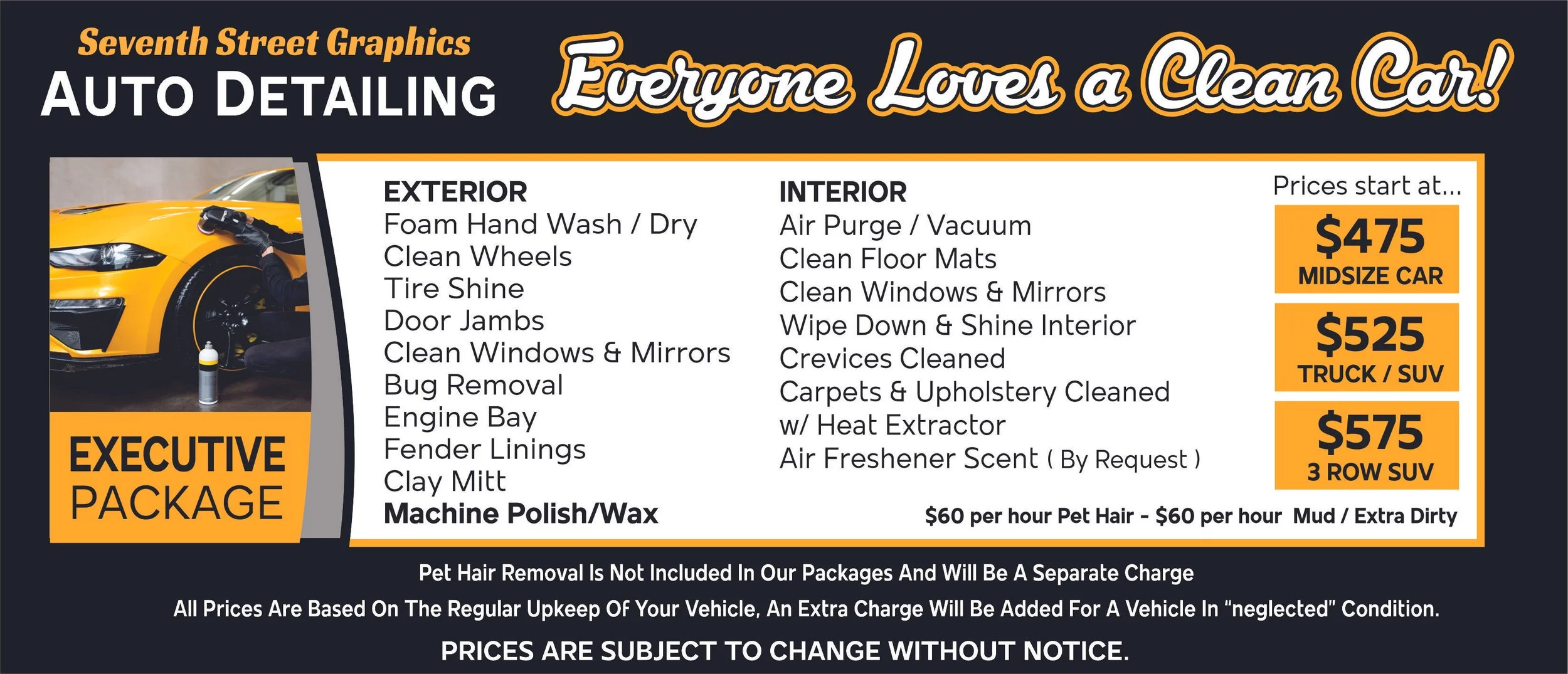 Advertisement for auto detailing services with pricing and services listed for exterior and interior car cleaning, featuring an image of a yellow sports car being serviced.