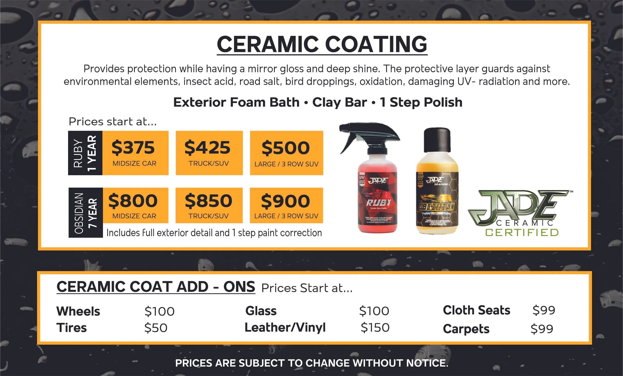 An advertisement for ceramic coating services featuring pricing options for Ruby and Obsidian 1-year treatments, with images of ceramic spray bottles, and additional charges for various coating add-ons such as wheels, tires, glass, leather/vinyl, clo
