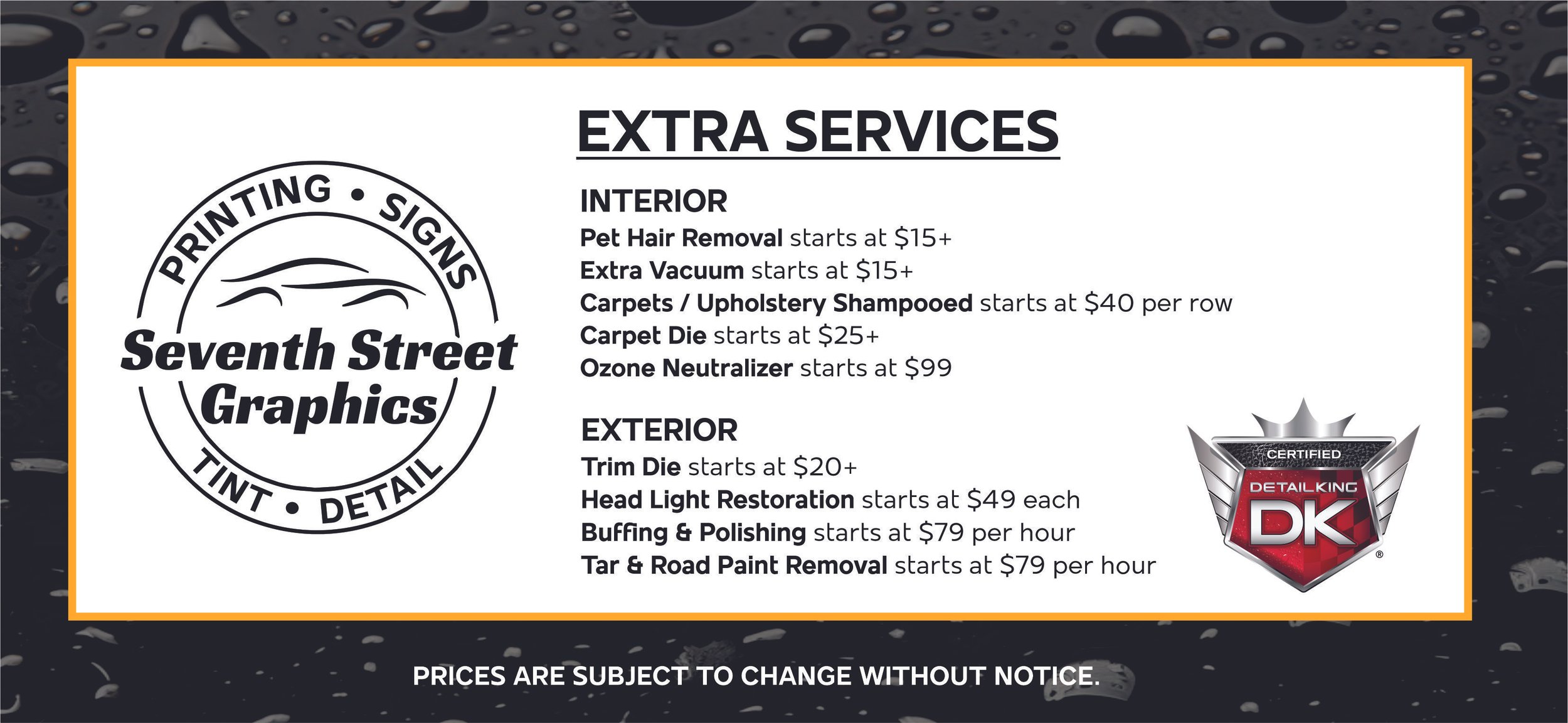 A business card for Seventh Street Graphics listing printing, signs, tint, and detail services with prices and a logo in a circular design.