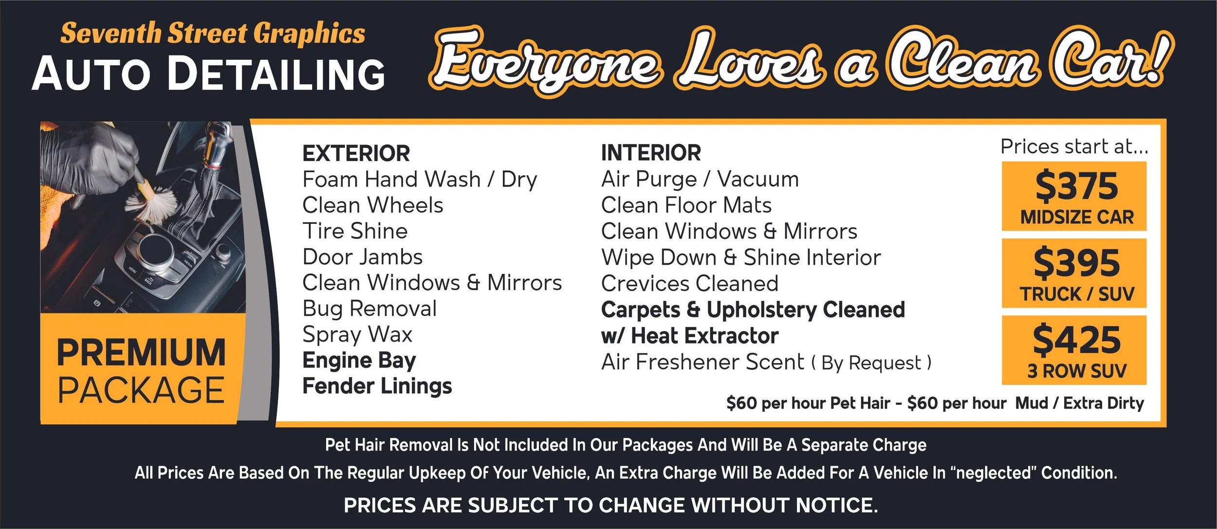 Graphic advertisement for auto detailing services with prices and available packages, featuring a photo of a person cleaning a car interior with a brush.