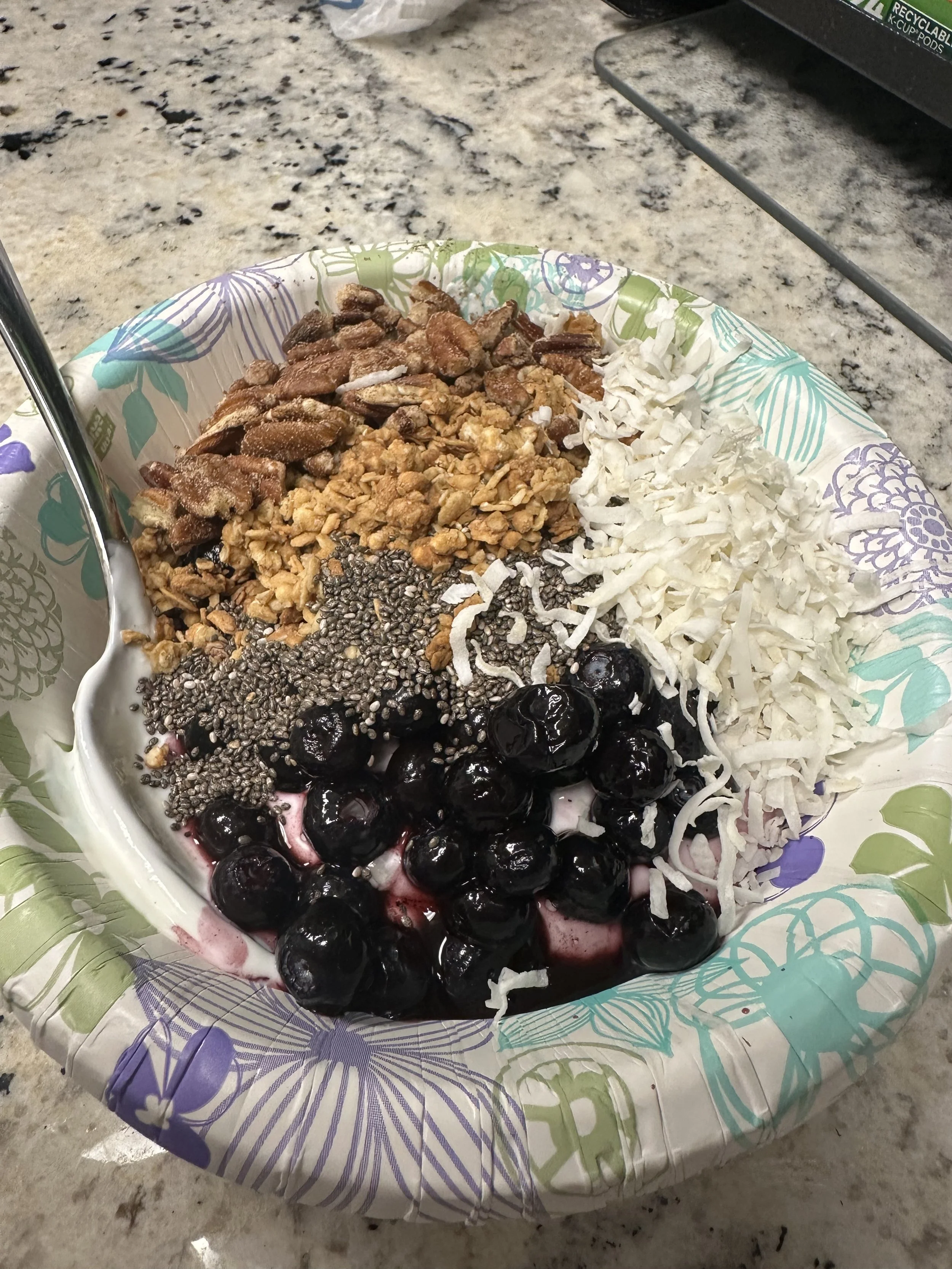An image of Laura's breakfast at work in a bowl, consisting of yogurt, blueberries, granola, chia seeds, pecans, and shredded coconut.