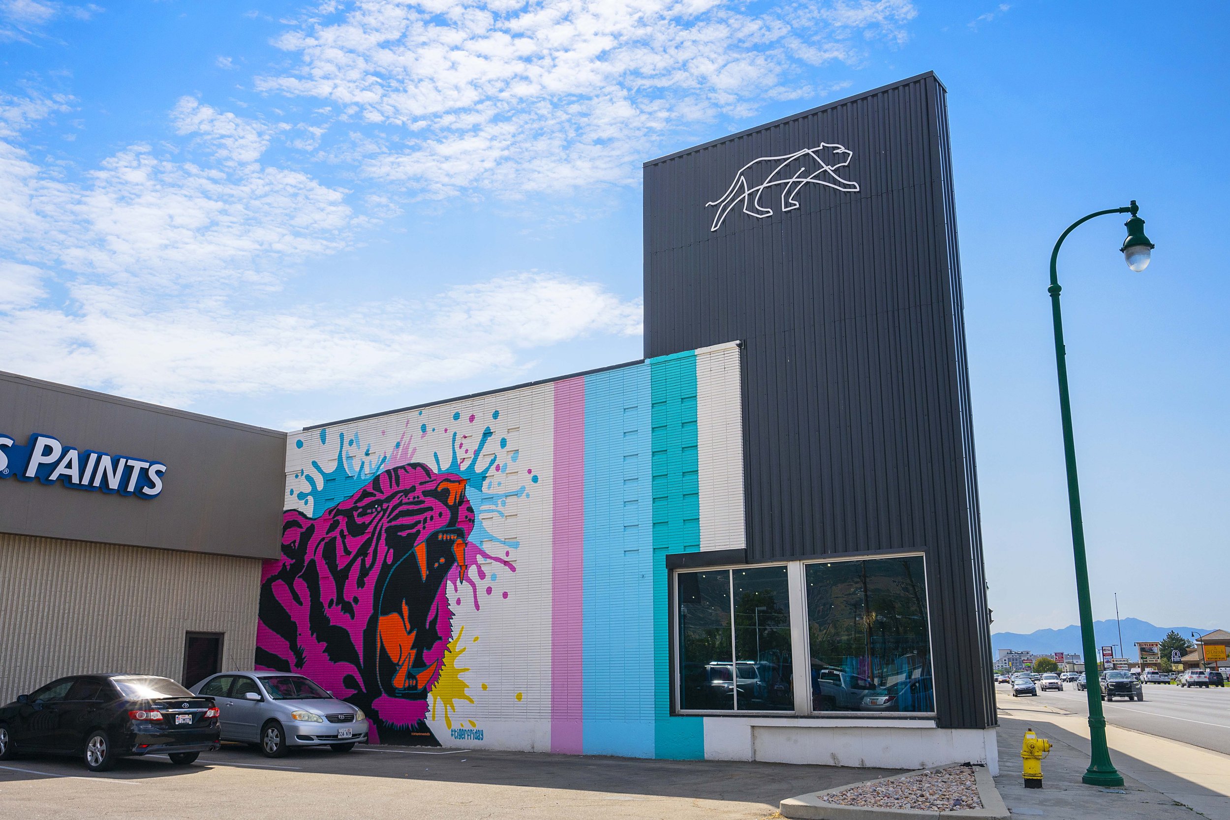 A storefront with a large mural of a pink and purple roaring panther on the wall, a black exterior section with a neon outline of a bear, a parking lot with cars, and a street with a green lamppost under a blue sky with clouds.