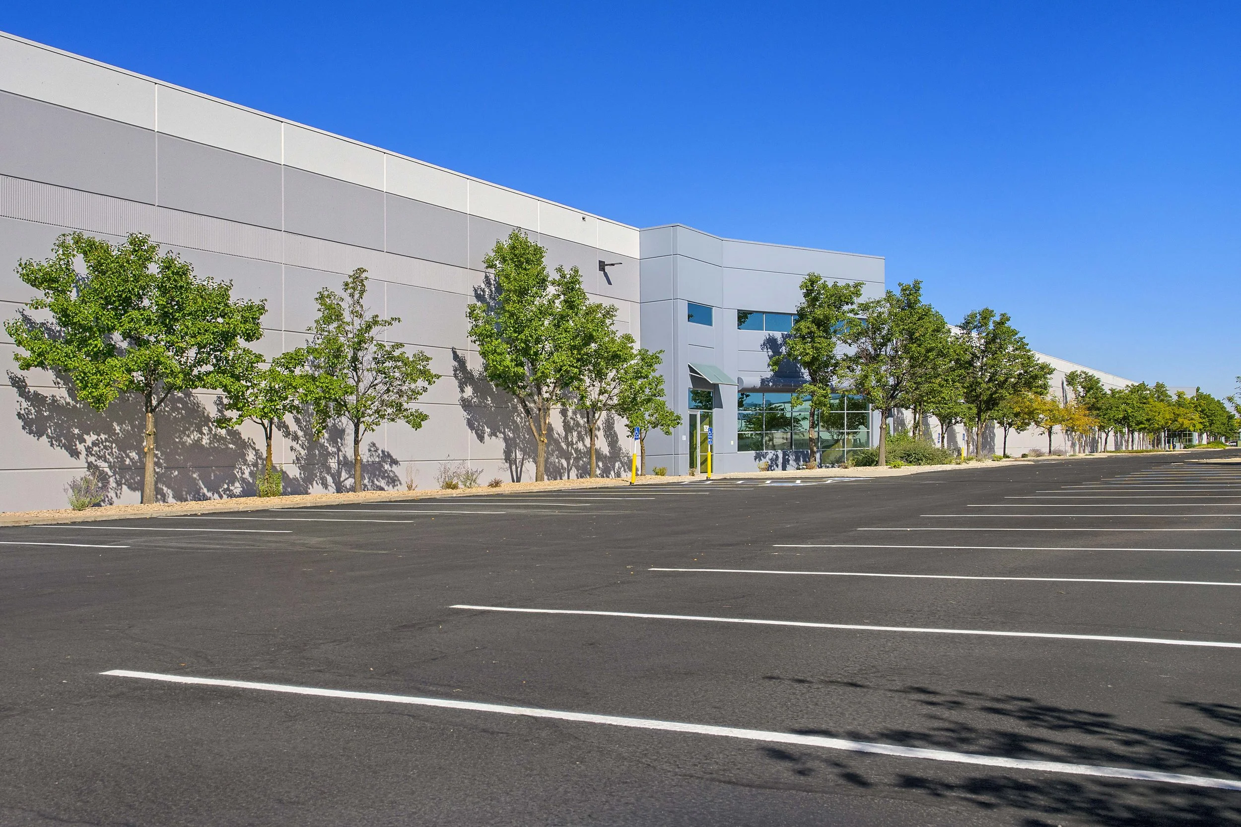 Empty parking lot with marked parking spaces and a large industrial or commercial building with trees along its side under a clear blue sky.