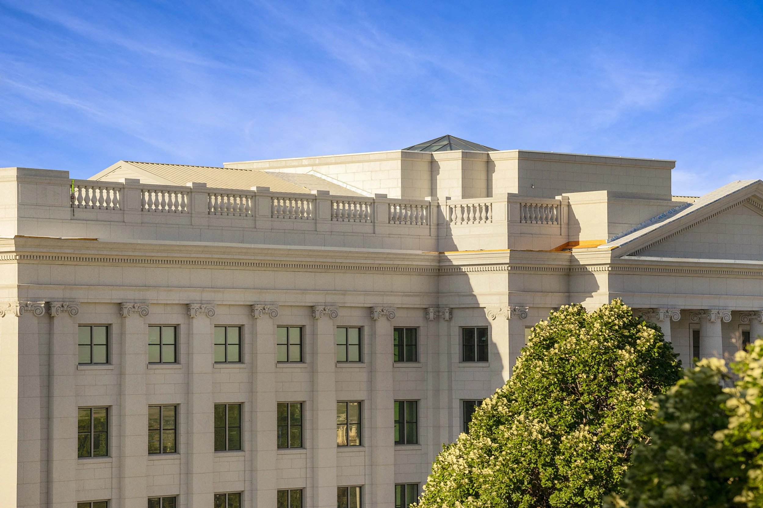A large white building with classical architectural features, including columns, decorative moldings, and a rooftop terrace with a balustrade. There is a green tree in the foreground and a clear blue sky above.